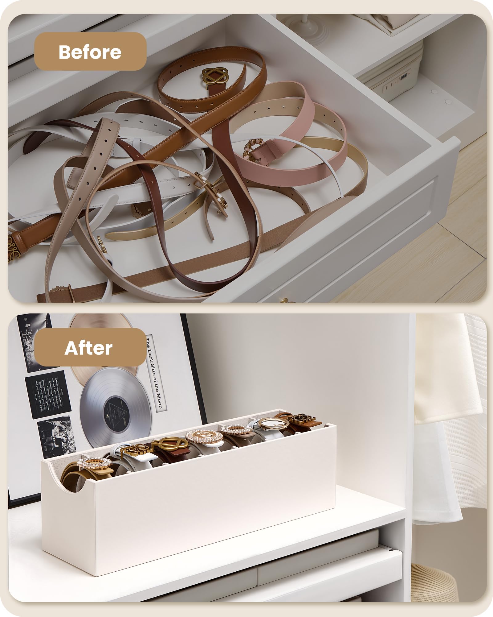 Lolalet 7 Fächer Gürtelhalter, Gürtel Aufbewahrung Gürtel Aufbewahrungsbox für Closet Drawer, Gürtel-Belt Organizer für Herren -2 Packungen, Creme