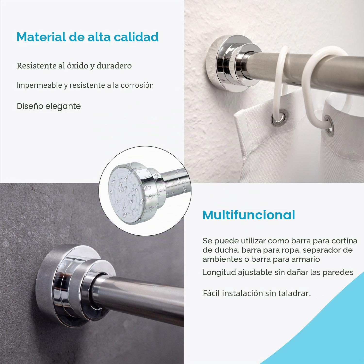 Barra telescópica Intirilife en PLATA 100-190 cm- Barra extensible, acero inoxidable, regulable, antideslizante, versátil sin taladrar ni atornillar- barra de cortina de ducha Barra de cortina