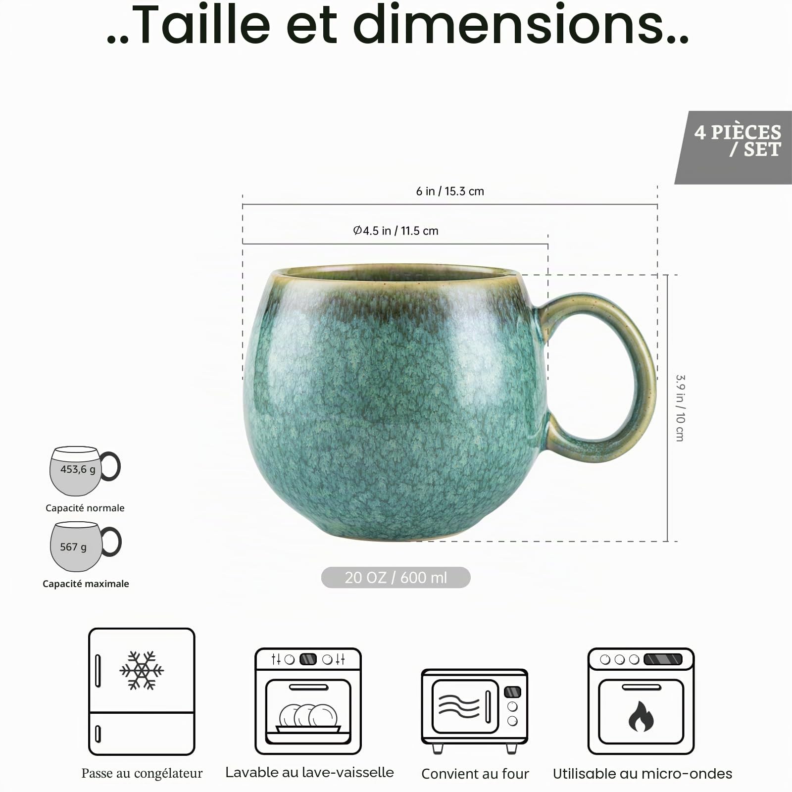 HENXFEN LEAD Set de tasses à cappuccino Céramique, 600ml tasses à café avec anse, 4 tasses en porcelaine pour thé café lait cappuccino - Vert brillant