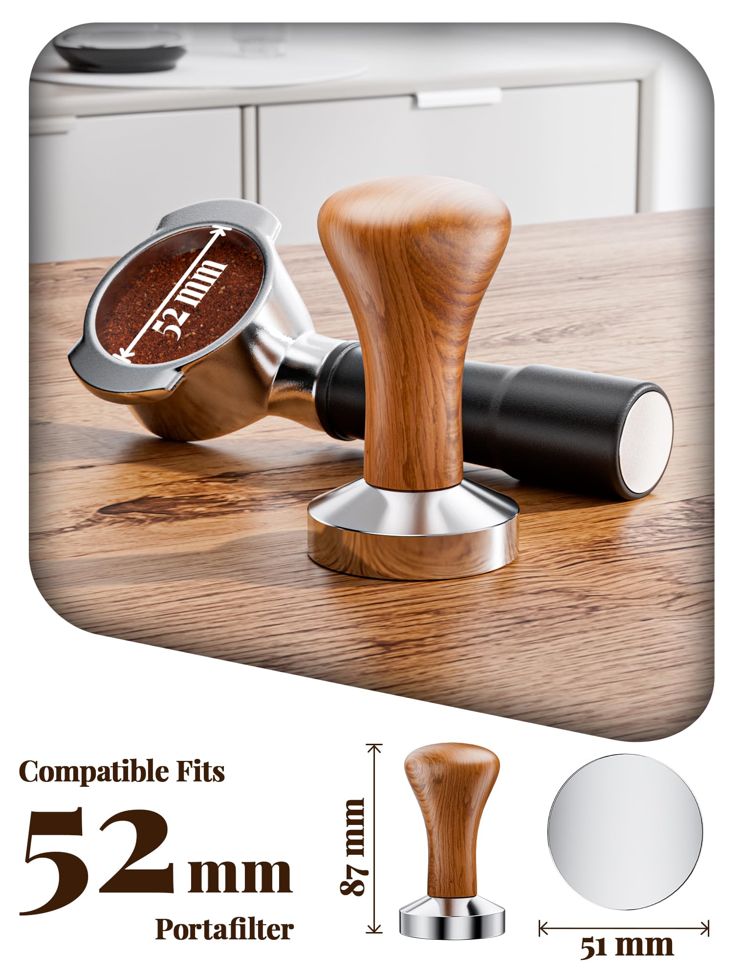 Pressino Per Caffè 51 Mm Con Tappetino In Silicone - Base In Acciaio E Manico Legno - 3