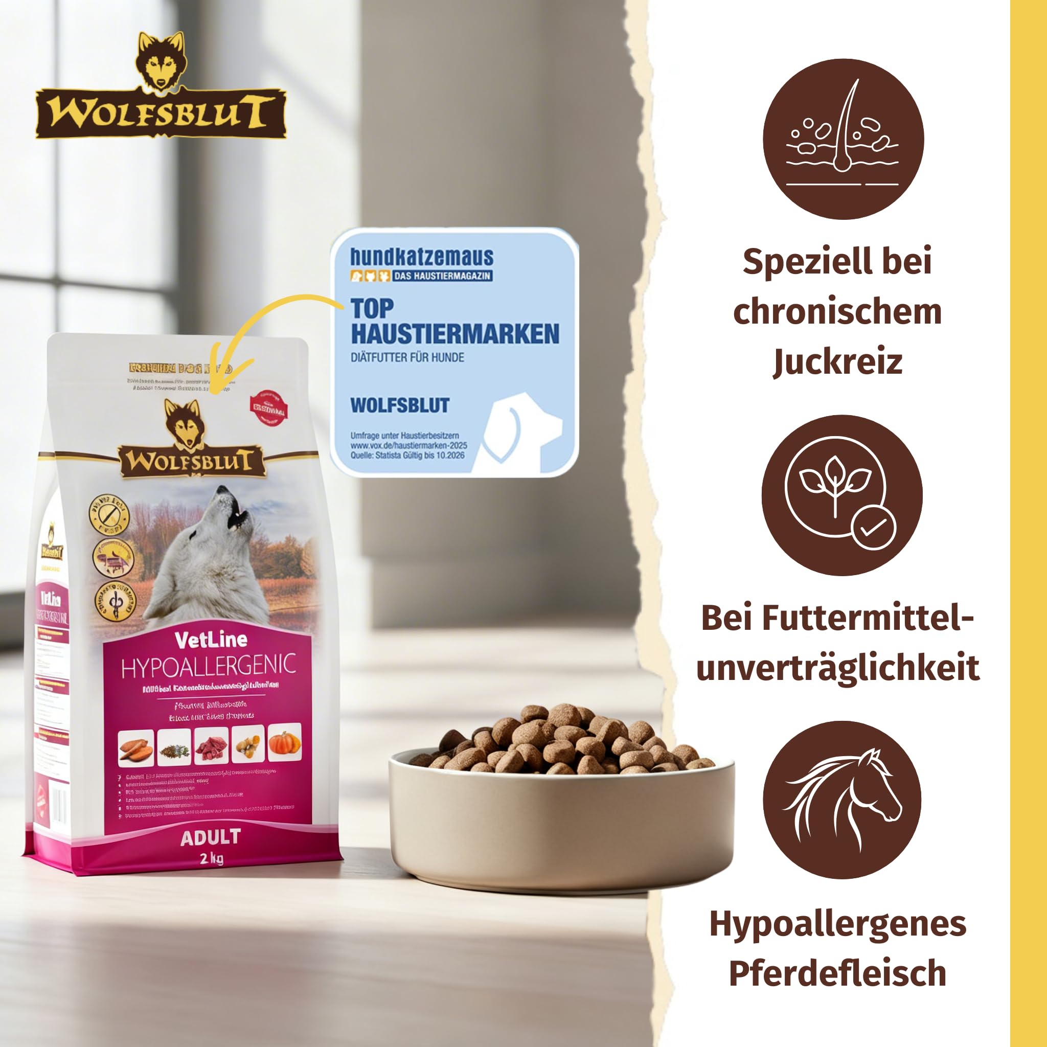 WOLFSBLUT – VetLine Hypoallergenic | Diät Trockenfutter für ausgewachsene Hunde mit Futterunverträglichkeiten. Getreidefreies Alleinfutter im Beutel | 12kg Pferd mit Süßkartoffeln