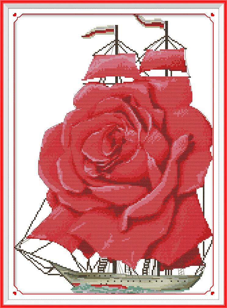Amiiba Stamped Cross Stitch Kits, Sailing Ship Red Rose DIY 11CT 16.9x22.8 inch (Sailboat)