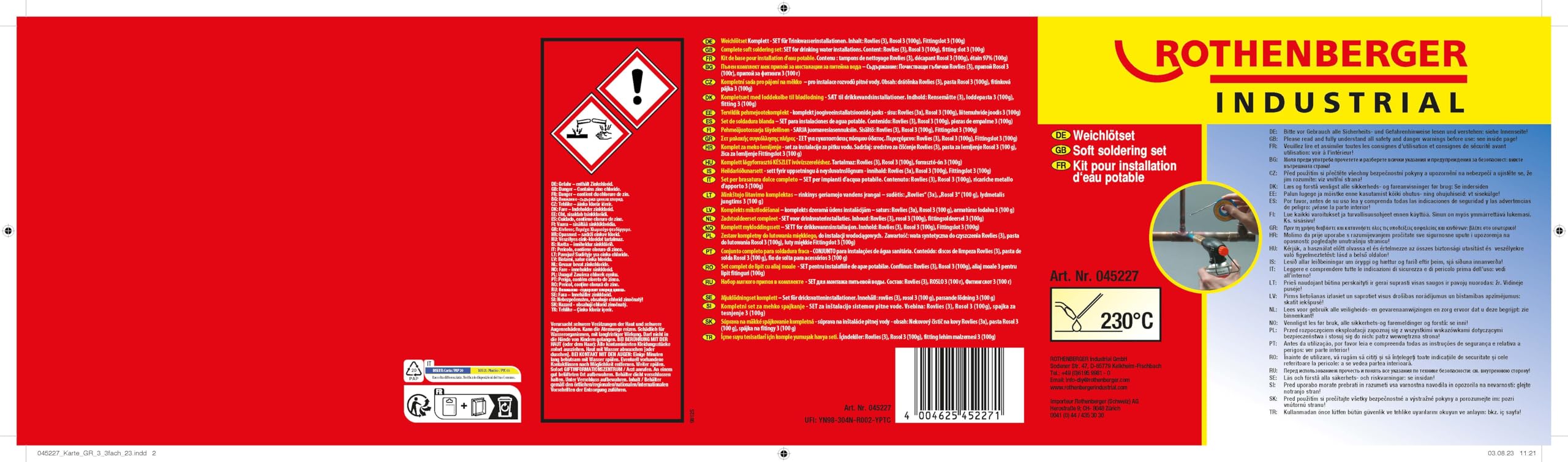 ROTHENBERGER Industrial 5-teiliges Weichlötset inkl. 3 x Reinigungsvlies, 1 x Flussmittelpaste , 1 x Fittingslot - 45227 | 146