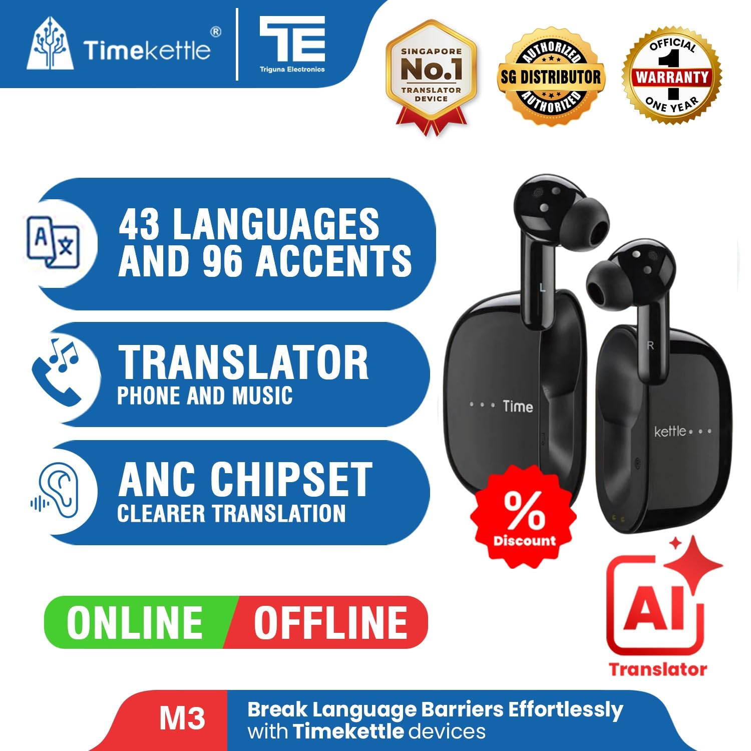 Timekettle M3 Translator Earbuds (Black) – Real-Time Two-Way
