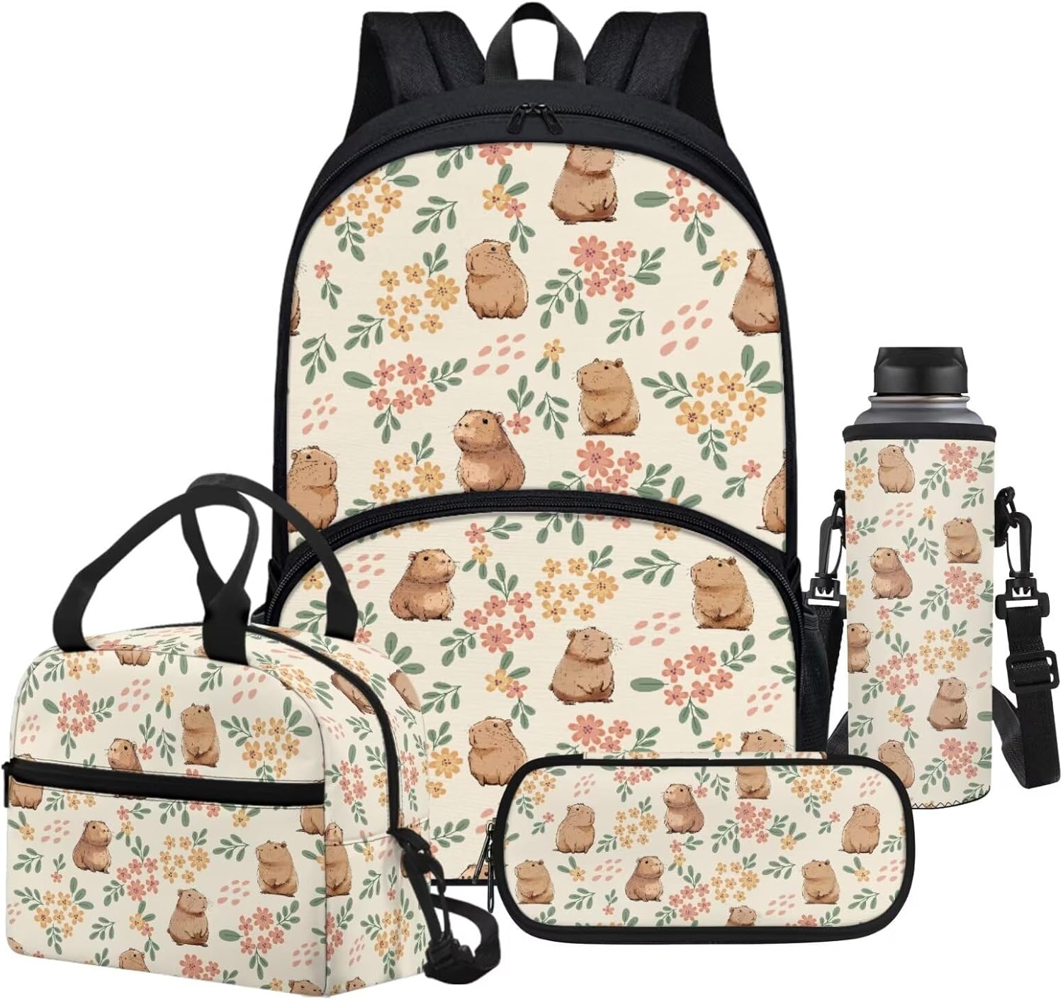 4 Pack Cute Capybara Flower Schoolbag Set with Insulated Lunch Box Pencil Case Water Bottle Holder Bag for Preschool,Elementary,Middle School Girls Schoolbag Capybara Lover Daypack