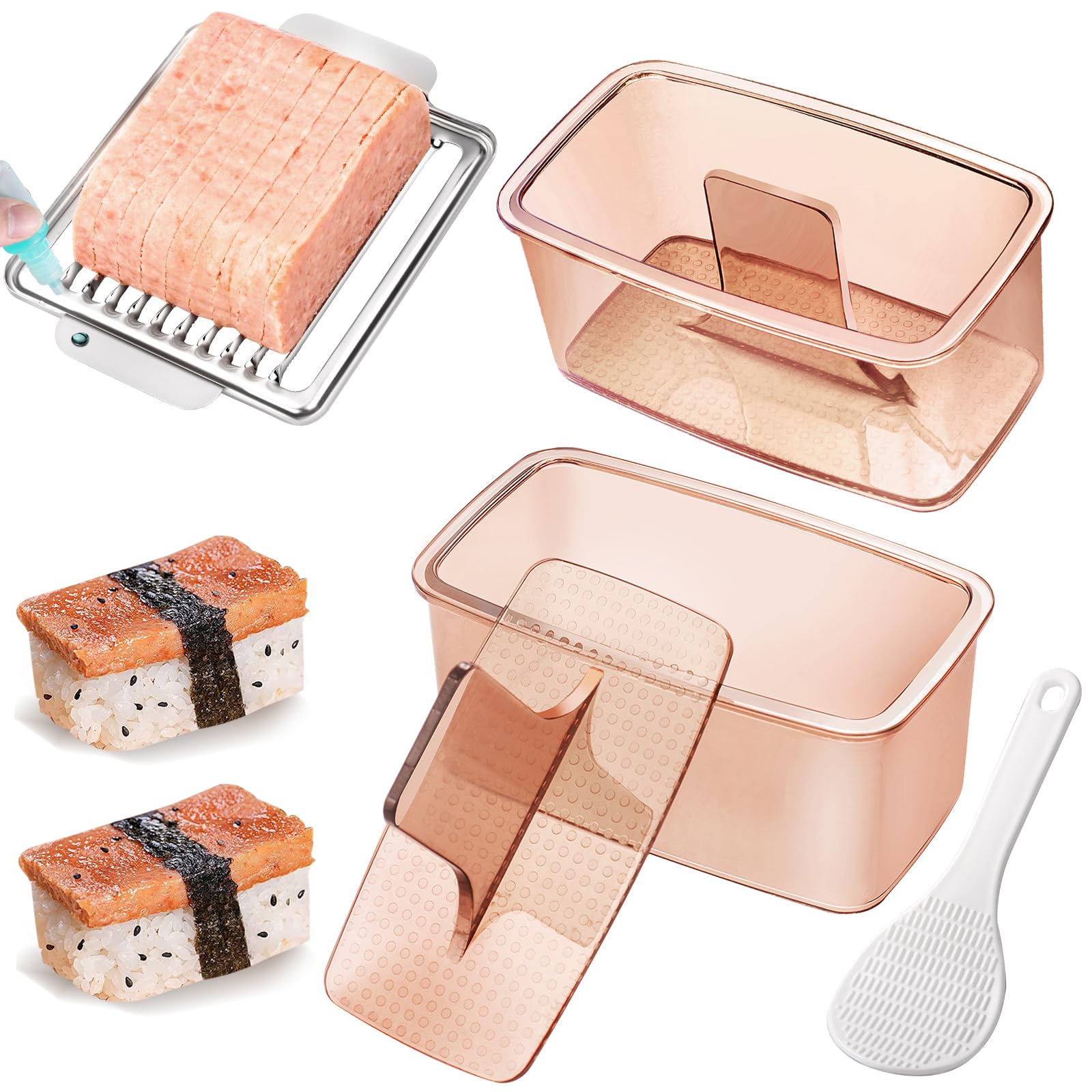 Musubi Press Mold Kit, 2 Pack Clear Musubi Maker with Stainless Steel 304 Luncheon Meat Slicer for SPAM (Champagne)