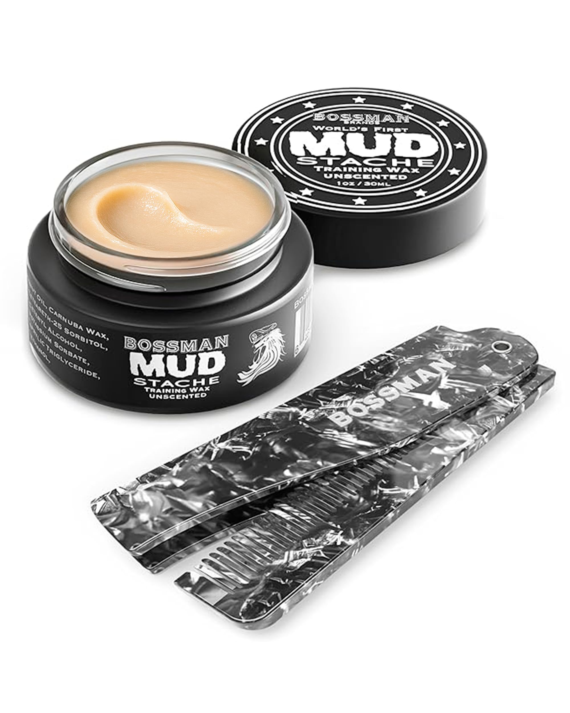 Bossman MUDstache Mustache Wax for Men + Acetate Folding Mustache & Beard Comb – Unscented Styling and Grooming Kit