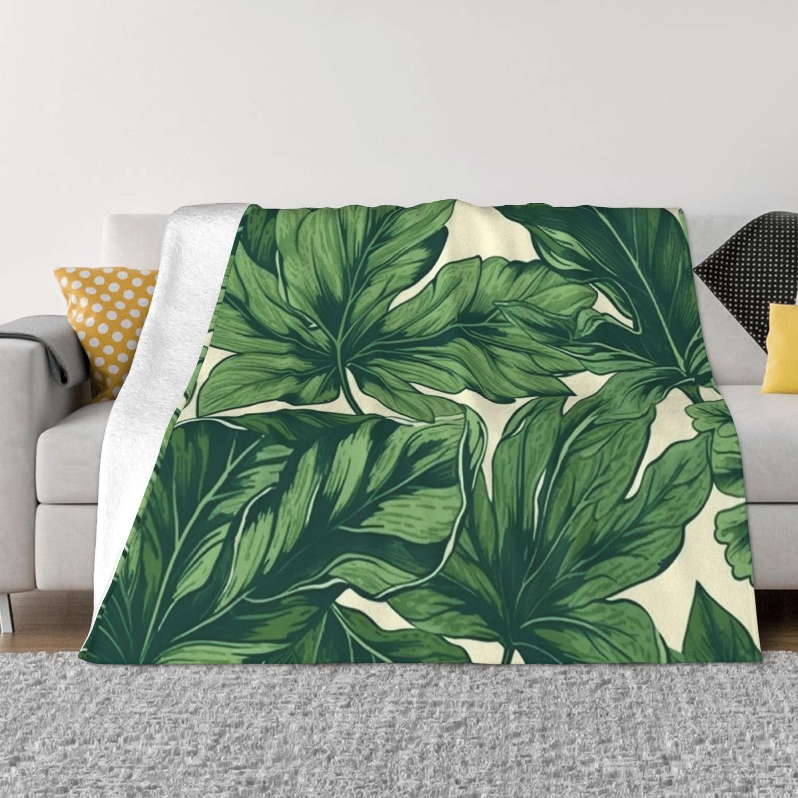 Couverture en flanelle douce toutes saisons plaid chaud feuillage vert