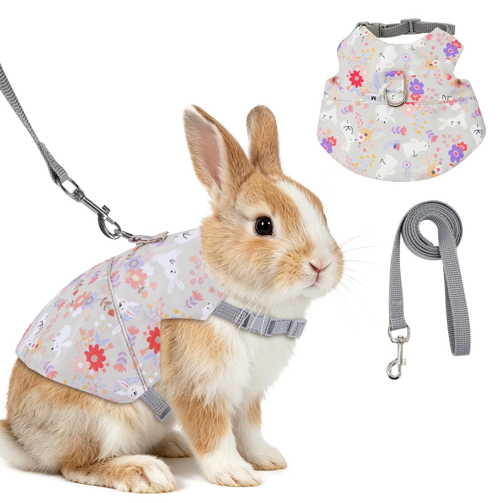 Yanmucy Bunny Harness and Leash Set Adjustable Escape Proof Rabbit Harness Double Buckle Bunny Accessories for Small Animal Pets Walking Training (Grey, M -Chest(10.2-11.8in))