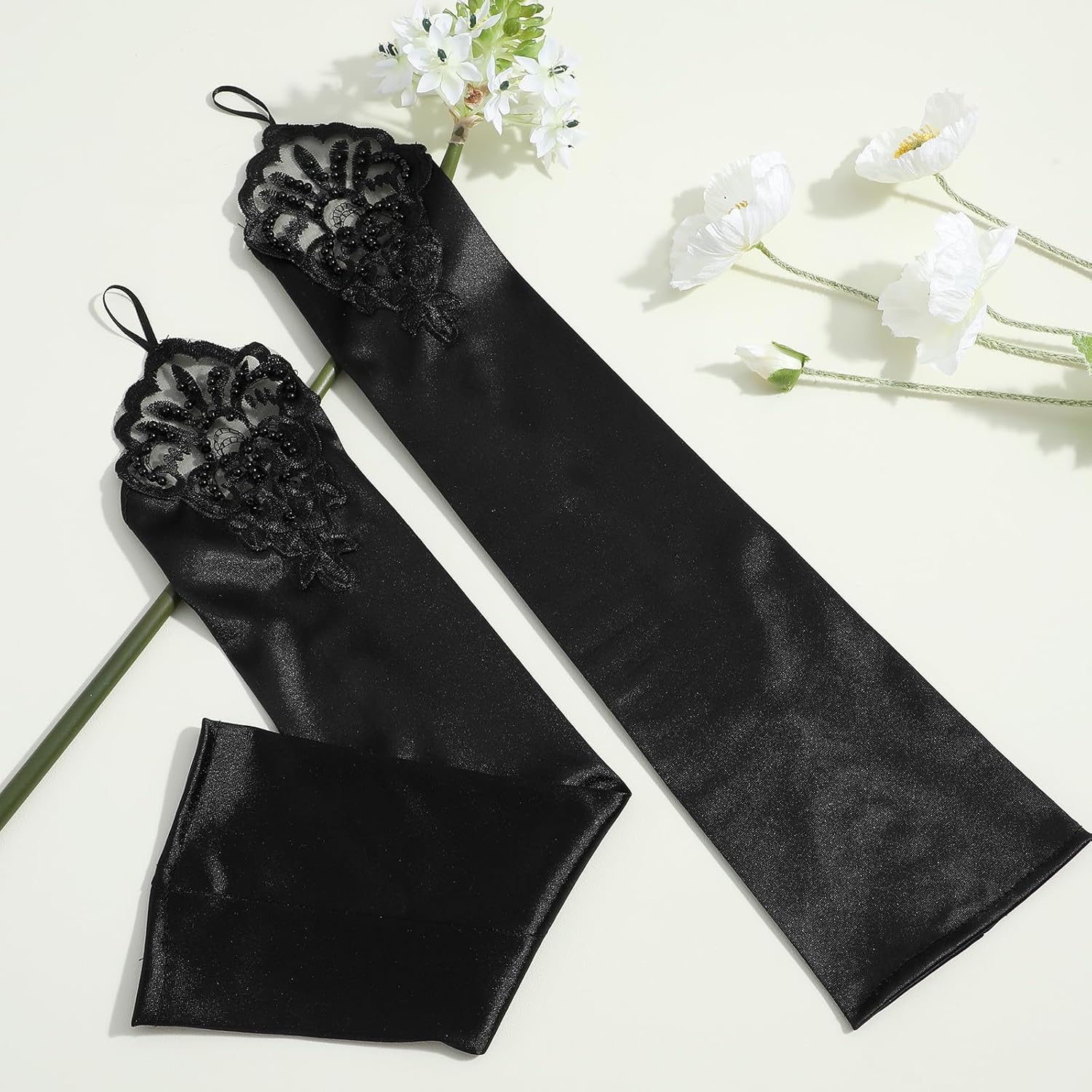 Long Fingerless Satin Gloves, Opera Party Gloves for Women, Elbow Length Silk Glove, 1920s Long Glove, Gatsby Style Costume Accessories for Dances, Banquet, Opera, Wedding, Party and Cosplay (Black) - Image 7