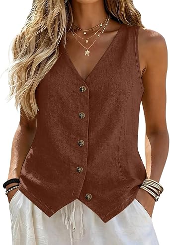 Womens Vest Top Cotton Linen Button Down Sleeveless Shirts Business Casual Tank Vest Tops Summer Fashion 2026