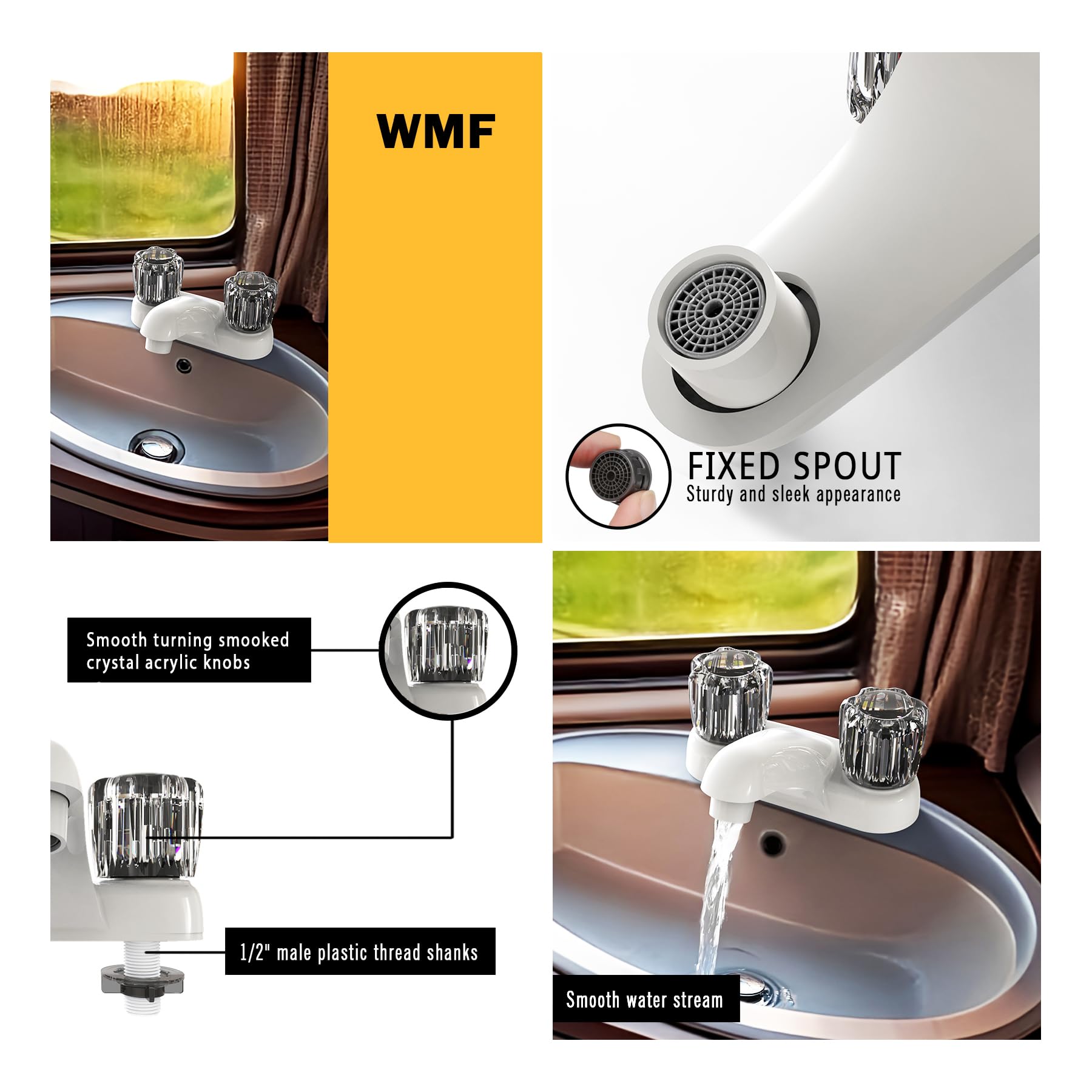 WMF RV Bathroom Faucet with Smoke Handles 4-Inch Centerset 2 Handle Sink Faucet for Camper Travel Trailer Mobile — view 4