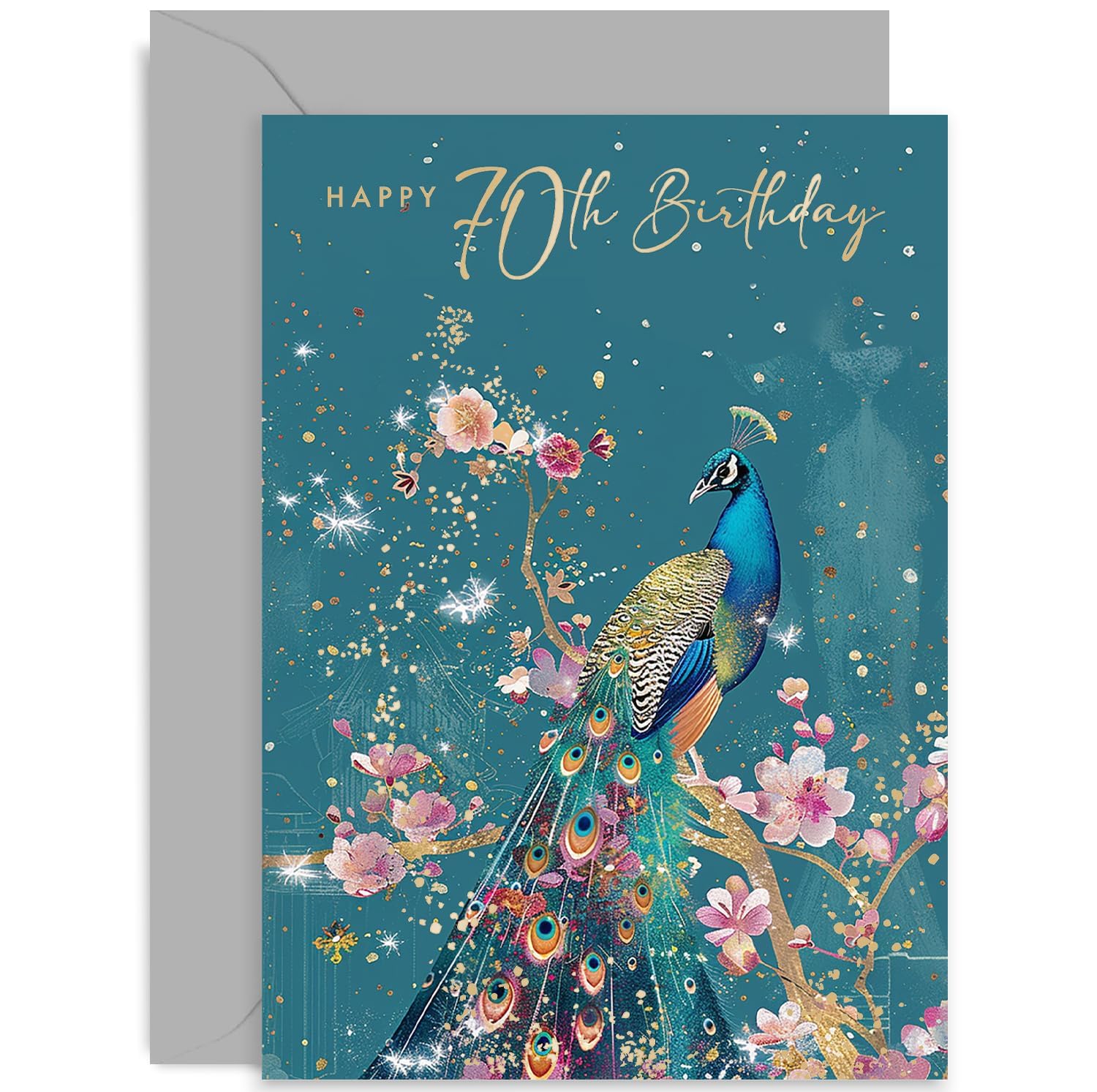 Old English Co. Special 70th Birthday Card for Her - Gold Foil Peacock Cherry Blossom Seventieth Birthday Greeting Card for Women - Birthday Gift for Sister, Daughter, Niece | Blank Inside