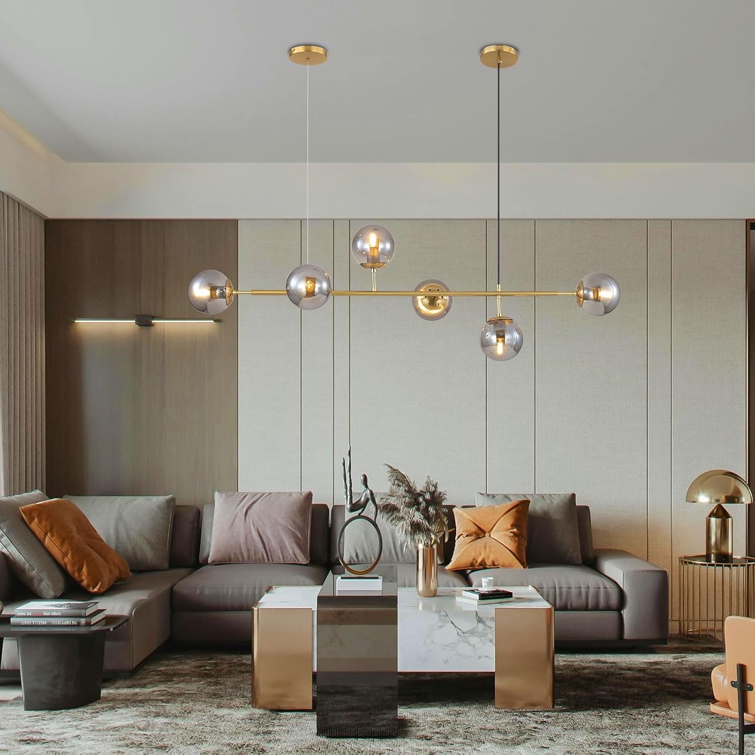 Mid-Century Modern Chandelier 6-Light Linear Pendant Light with Globe Glass Shades, Adjustable Height for Dining Room, Kitchen Island, Living Room