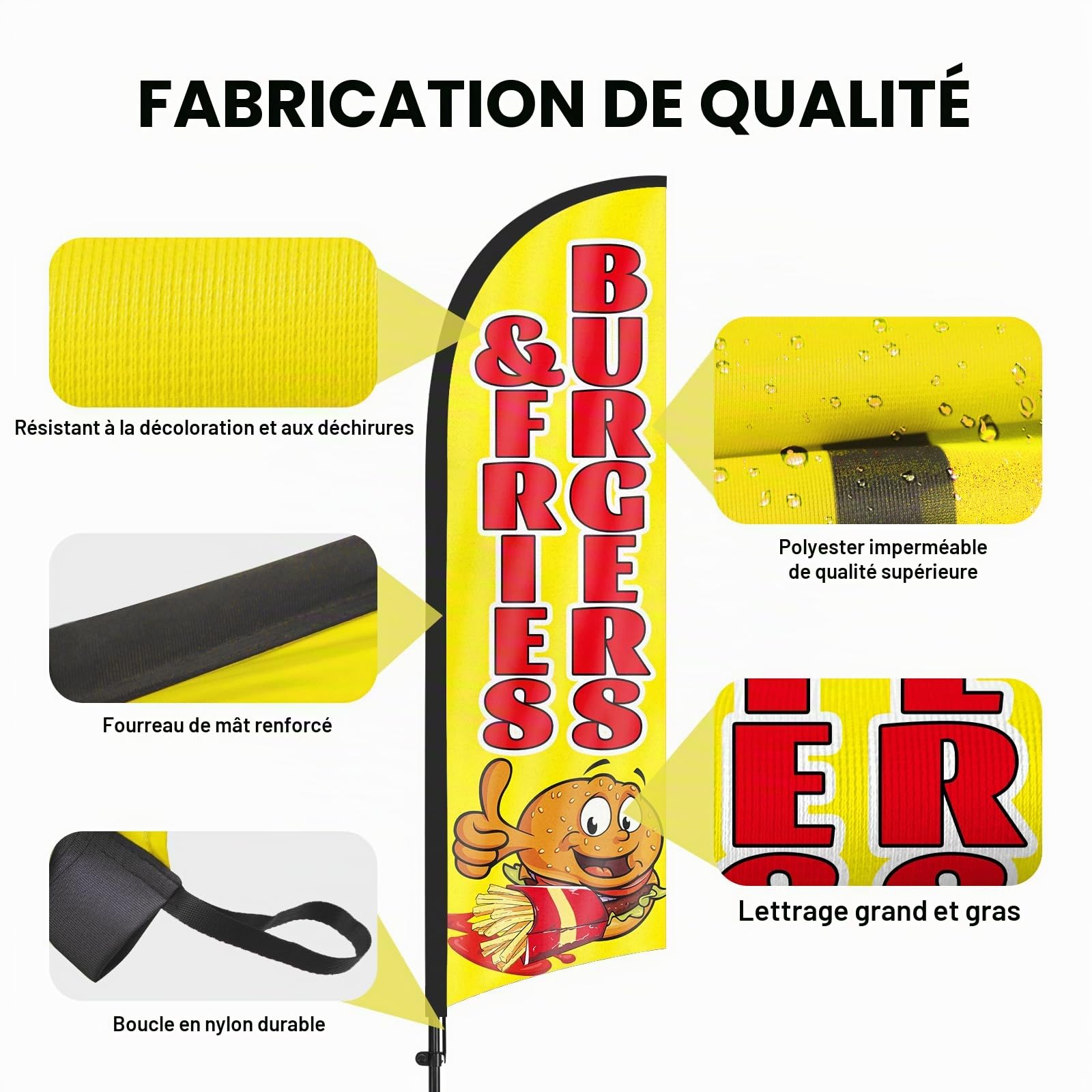 Drapeau à plumes pour hamburgers frites avec kit de mât et piquet de sol, 2,7 m, bannière de drapeau sans vent, pour publicité extérieure