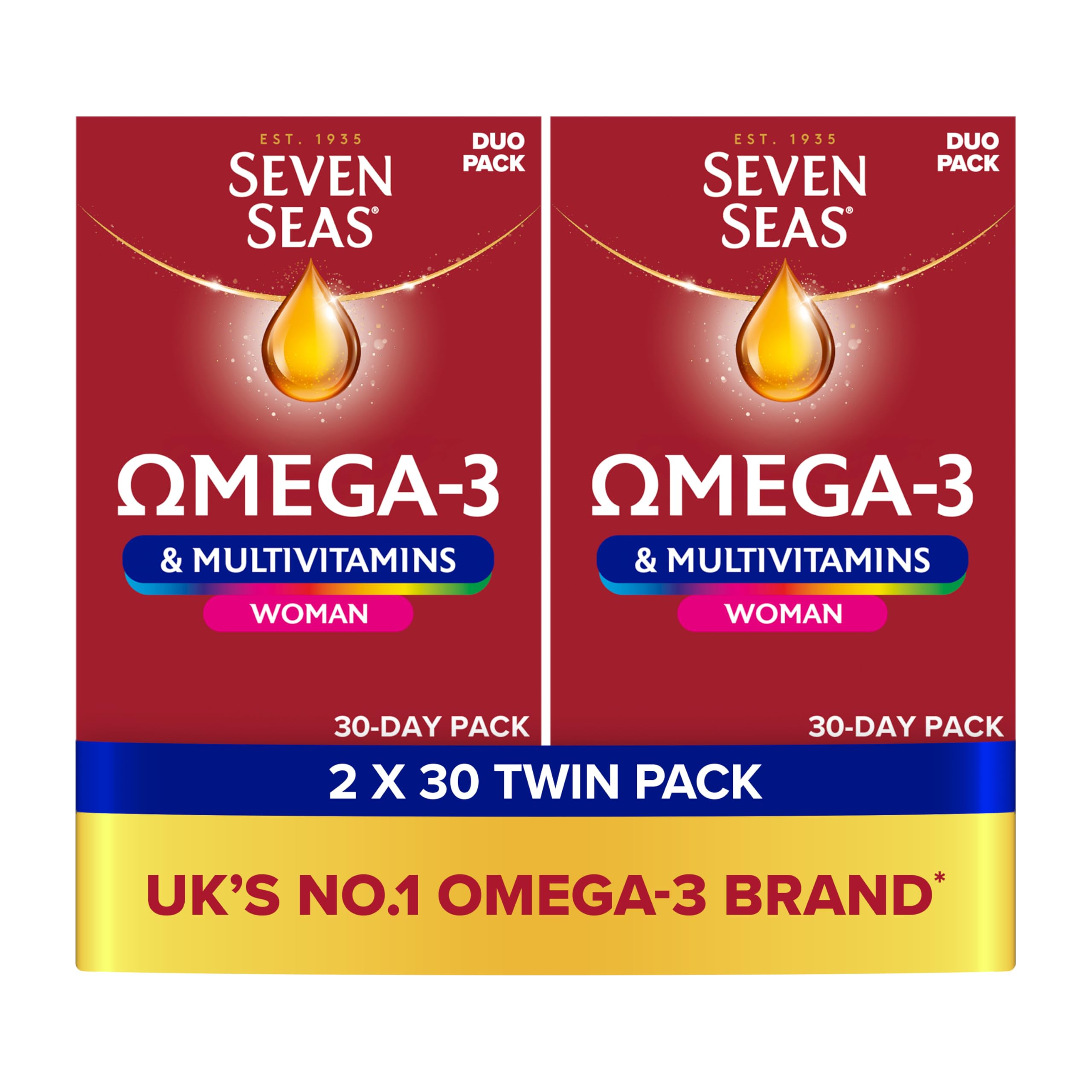 Seven Seas Omega-3 & Multivitamins Woman, with Biotin & Iron, 60 Omega-3 Capsules + 60 Multivitamins Tablets, 2 Months Supply (2X 30 Days Twin Pack), with Educational Leaflet