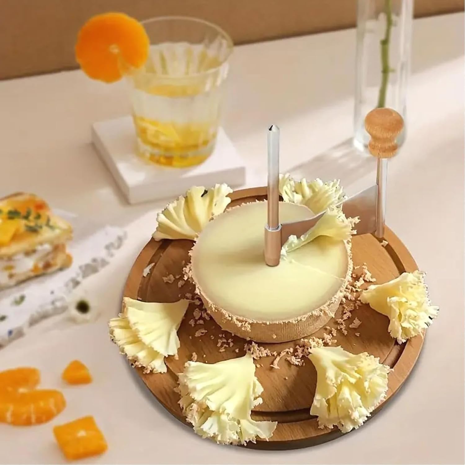 Stainless Steel Cheese and Chocolate Shaver with Wooden Base - Create Elegant Cheese Flower Curls, Includes Protective Lid (Round Design)