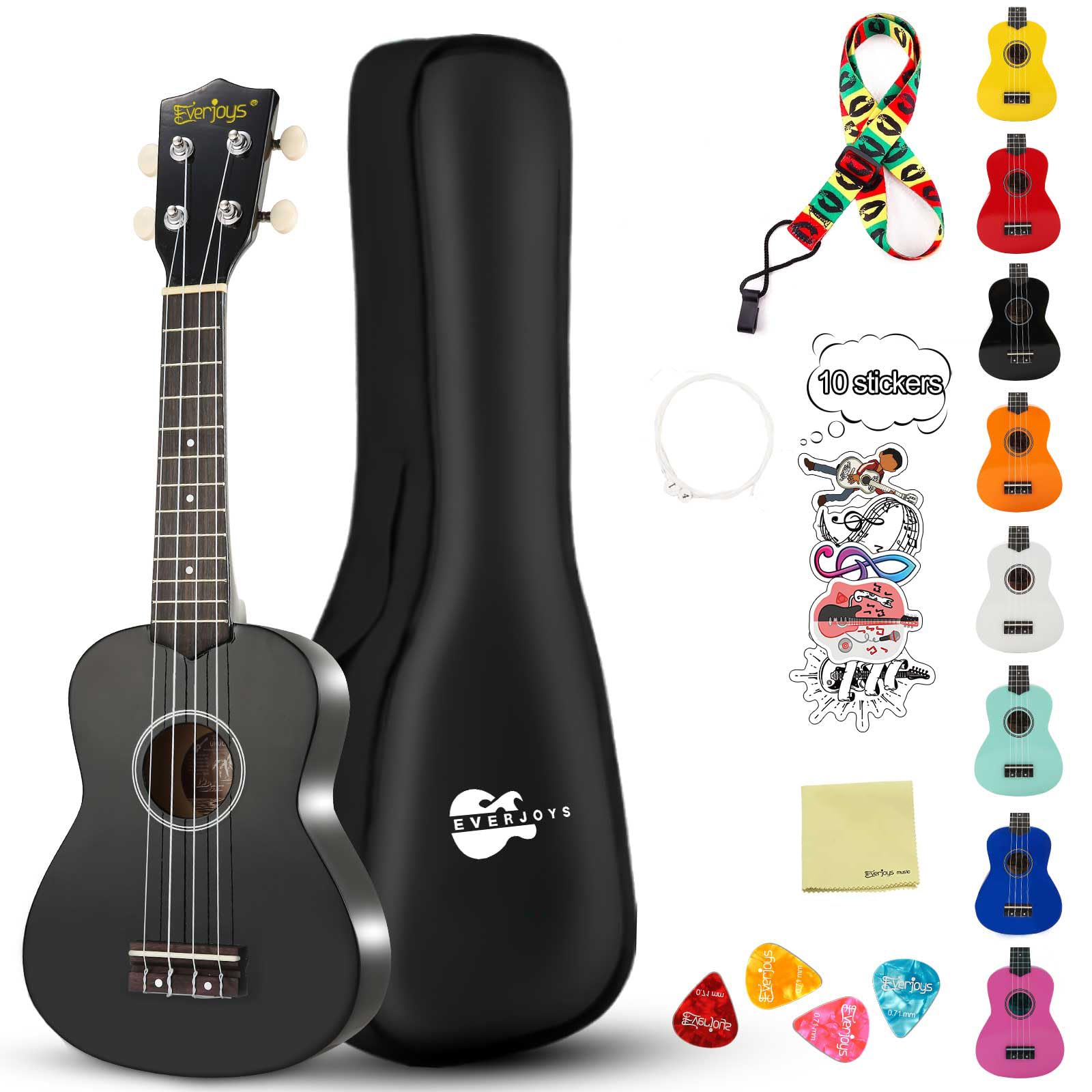 Everjoys Kit de ukelele soprano para principiantes, para niños, adultos, estudiantes, 21 pulgadas, correa de repuesto, cuerda de repuesto, paño de pulido, púas de cancionero (negro brillante)