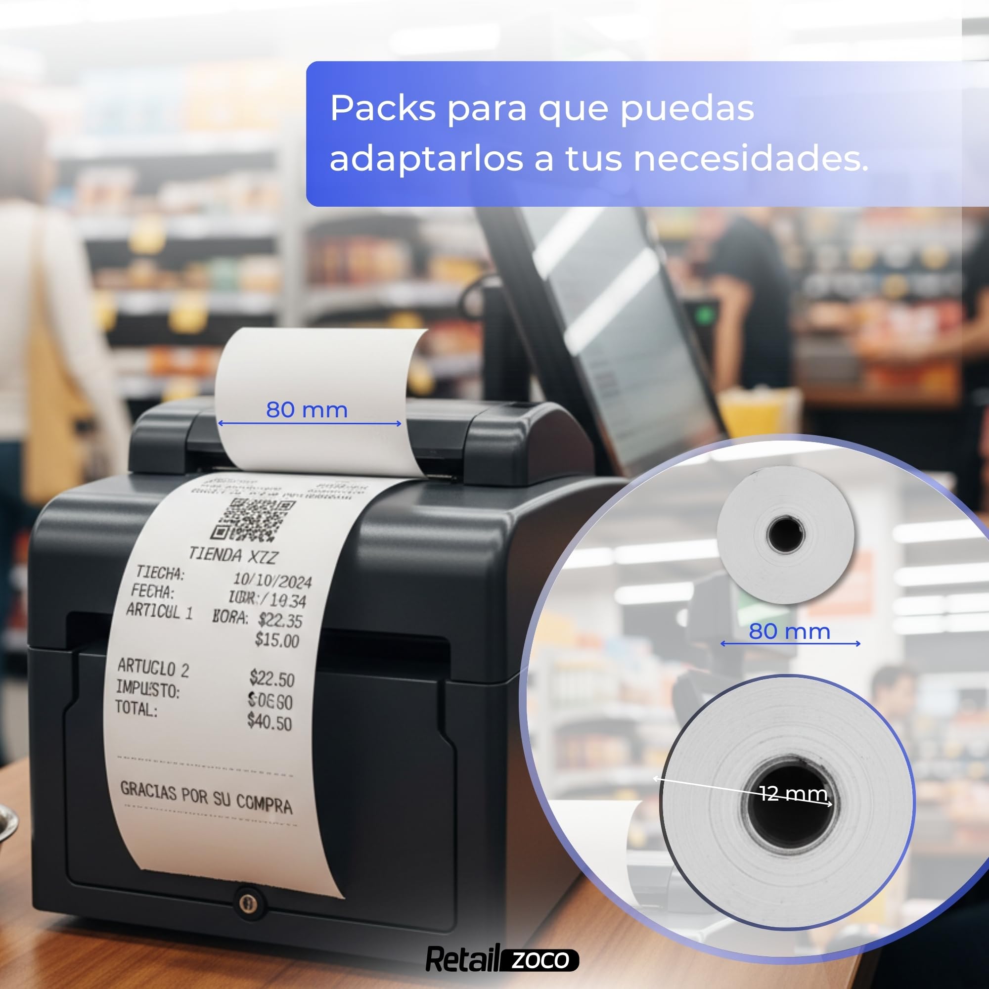 Rollos de papel térmico, Papel Impresora Térmica, Rollo de Recibo Térmico, Apto para Impresora EPOS, Terminal POS, Datafono, Caja Registradora, Báscula, Tamaño 80x80 mm, Pack de 32 rollos