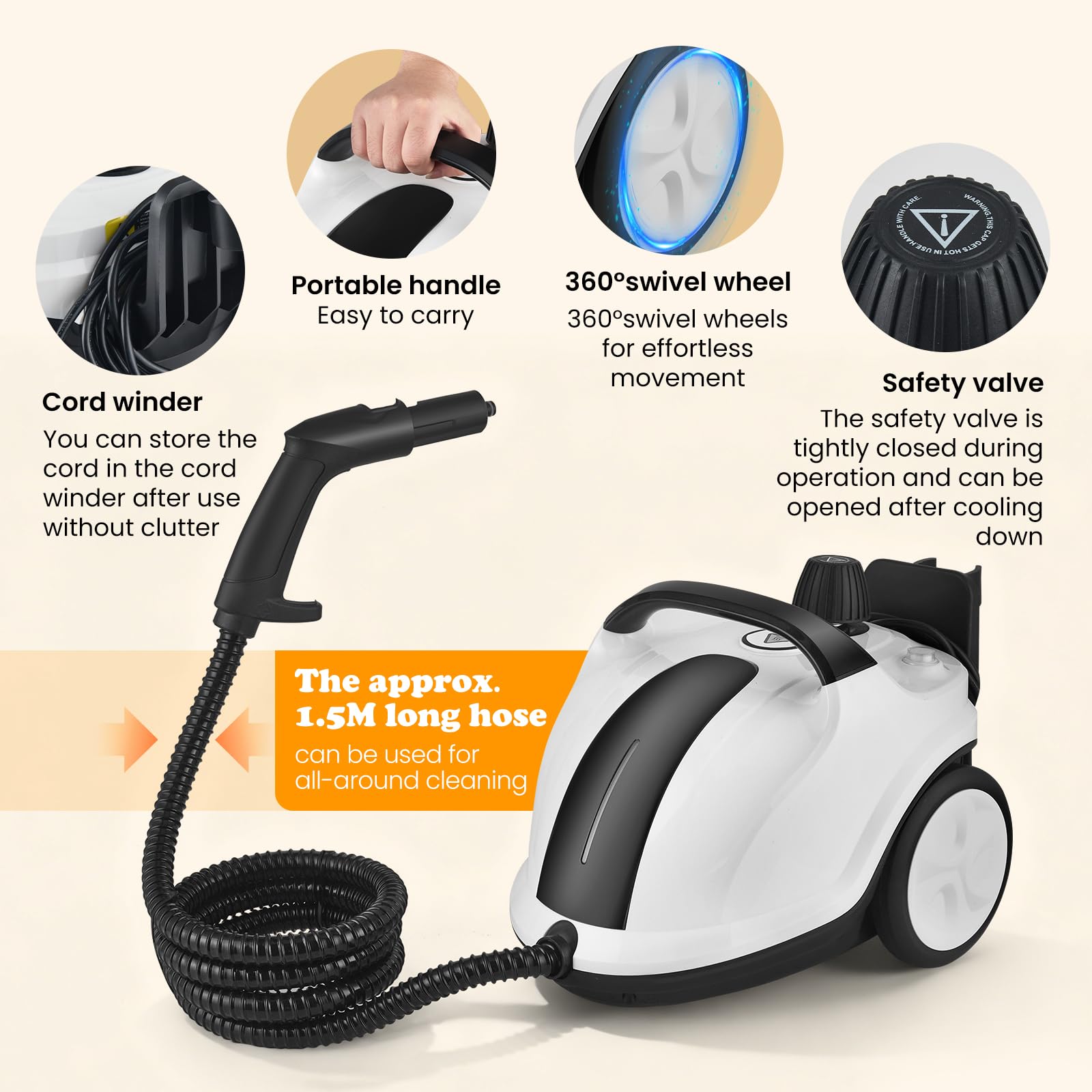 Vaporeta Limpieza Hogar 5 Bar, 2000W Limpiador a Vapor Portátil 222°C con 19 Accesorios, Vaporeta de Mano con 2L Depósito de Agua, 5 Min Calentamiento, Máquina de Vapor para Cocina Baño Coches