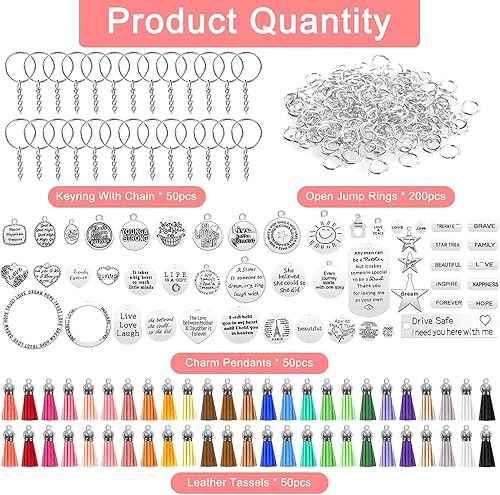 Miniatura 2 de Audab Juego de 350 llaveros motivacionales con 50 dijes de palabras inspiradoras grabadas, 50 borlas de llavero de cuero, 50 llaveros con cadena,