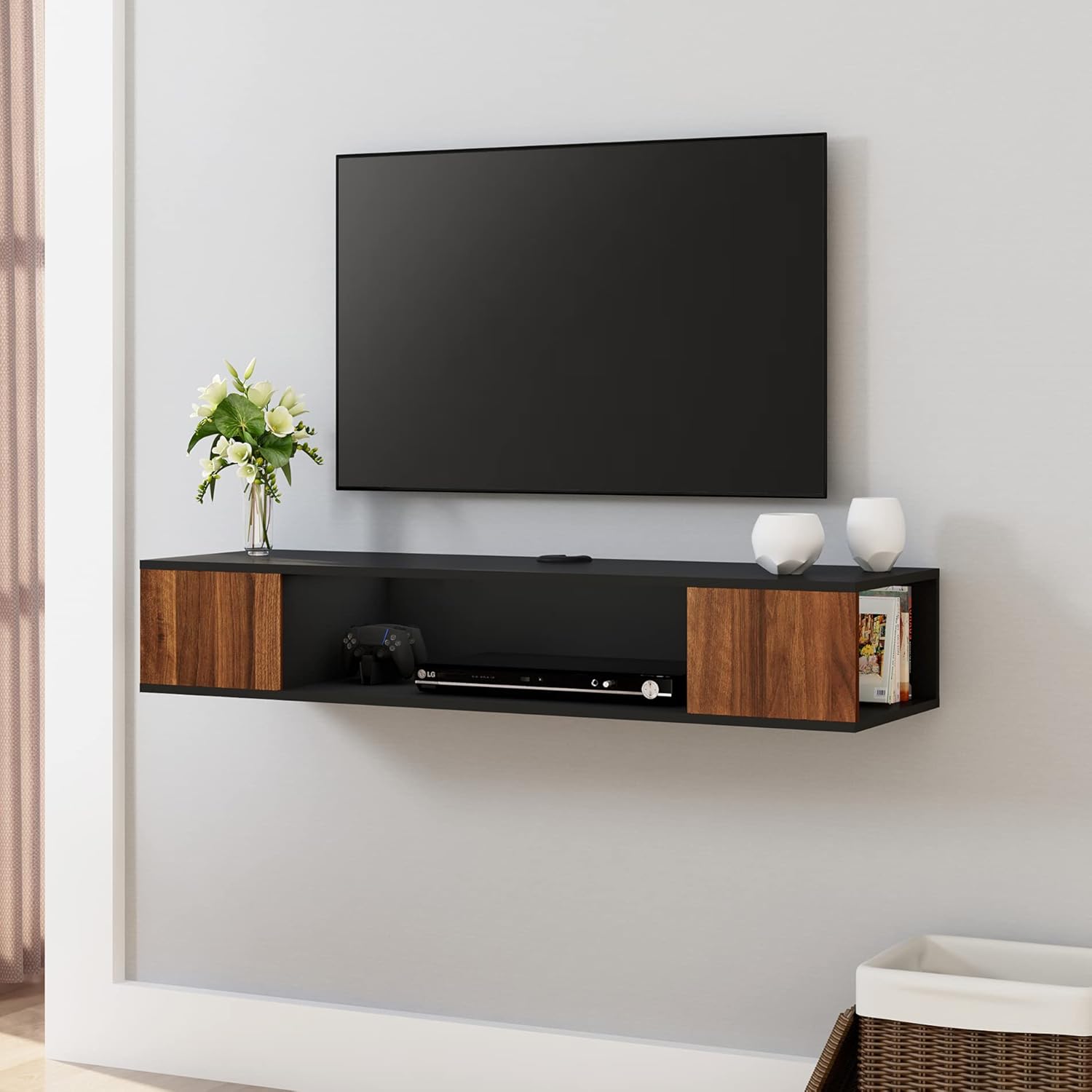 FITUEYES Mobile TV Sospeso Nero, staffa da parete in Legno con 3 vani a