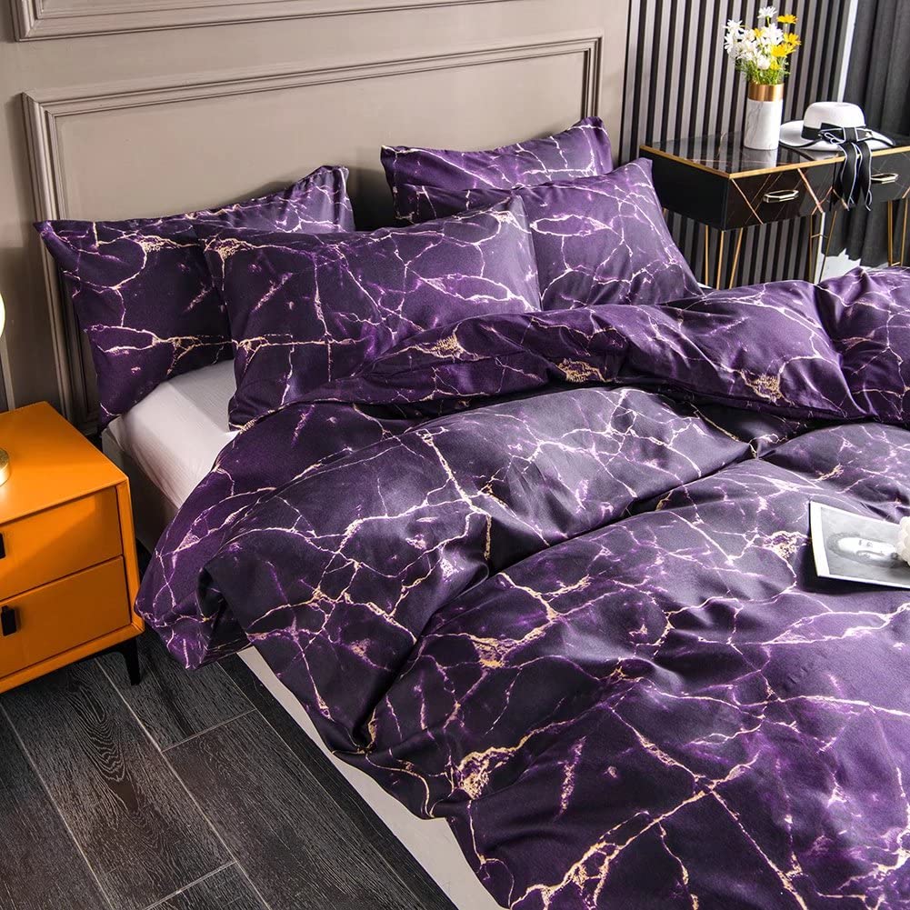 Set Copripiumino Ultra Morbido in Microfibra, 3 Pezzi, Con 2 Federa, 260x230cm,Chiusura a Cerniera, Motivo Marmo Viola, per Letto Matrimoniale Set Di Biancheria Da Letto