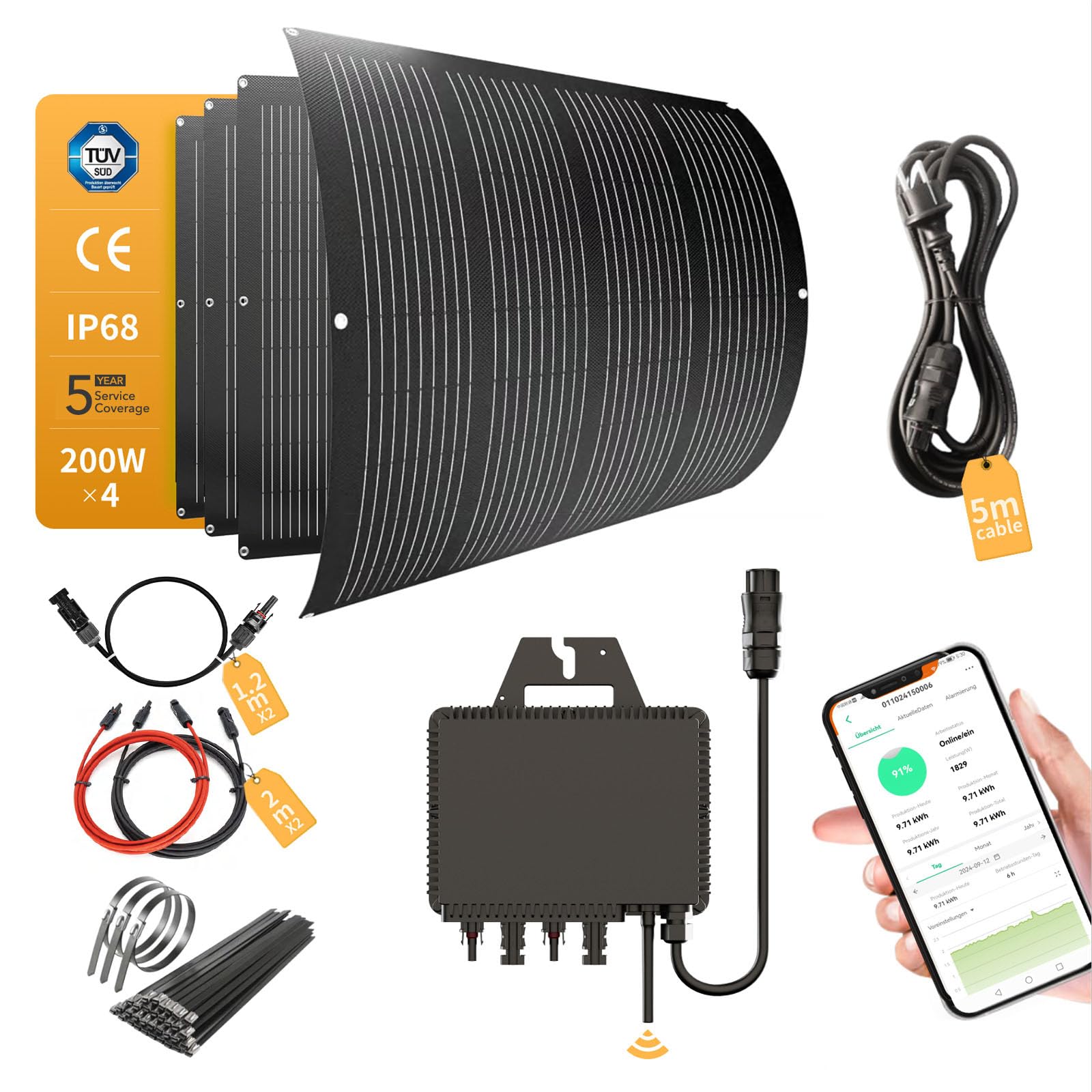 Balkonkraftwerk 800W_RC® MI2S-800D + 200W*4 Flexible Solarmodul + 5m AC Netzanschlusskabel + 1.2M/2M*2 DC Verlängerungskabel MC4 + Edelstahlbander