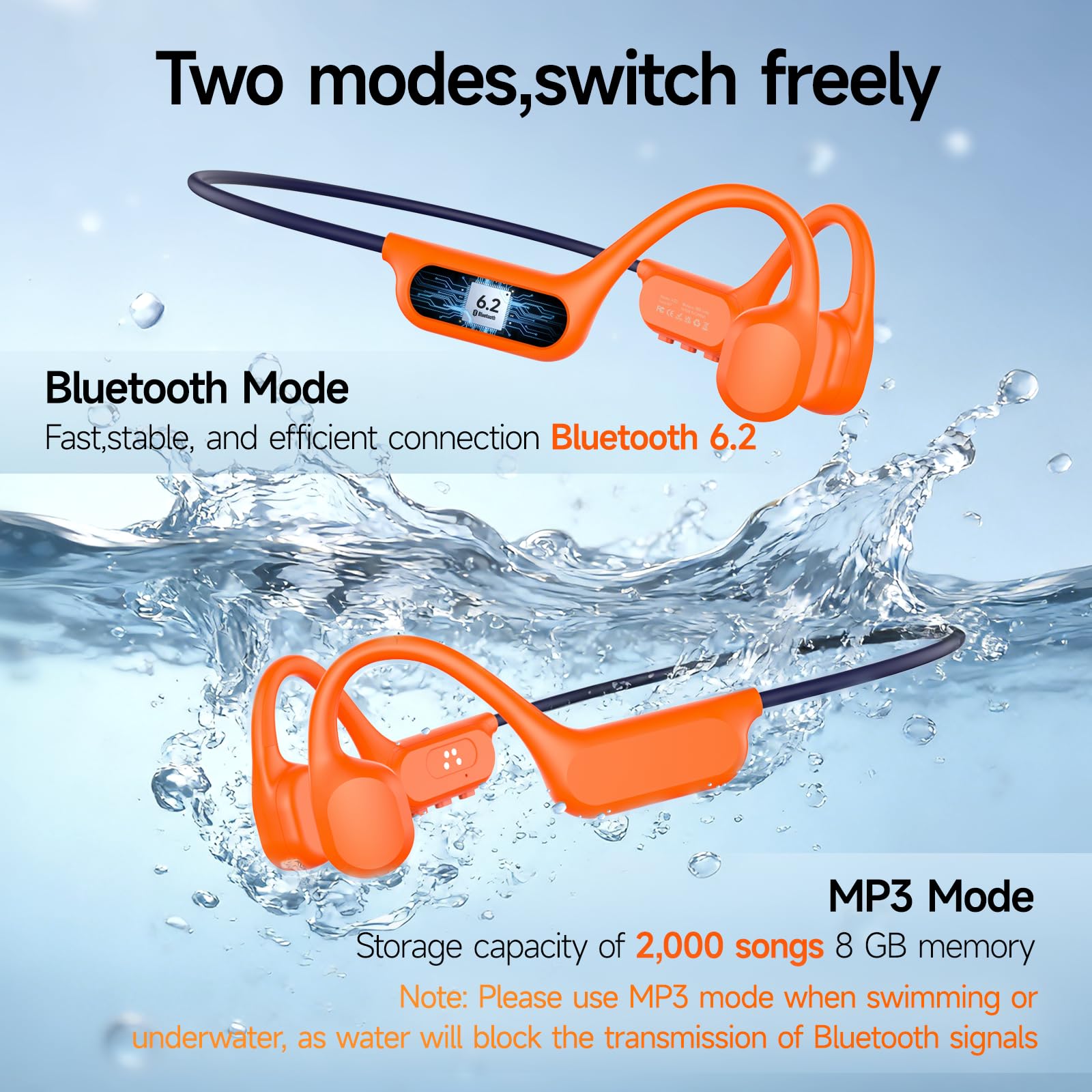 esonstyle Kopfhörer Schwimmen Bluetooth 6.2 - IP68 wasserdichte, Knochenschall Kopfhörer mit 8GB Speicher MP3-Player, Unterwasser Sport-Kopfhörer für Schwimmen, Laufen, Fahrrad, Orange
