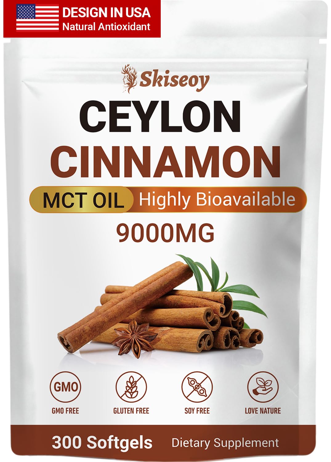 Ceylon Cinnamon with MCT Oil, True Sri Lanka Ceylon Cinnamon Highly Bioavailable Herbal Extract, Energy & Glucose Metabolism Support, Cardiovascular Wellness, Antioxidant Boost, 300 Softgels