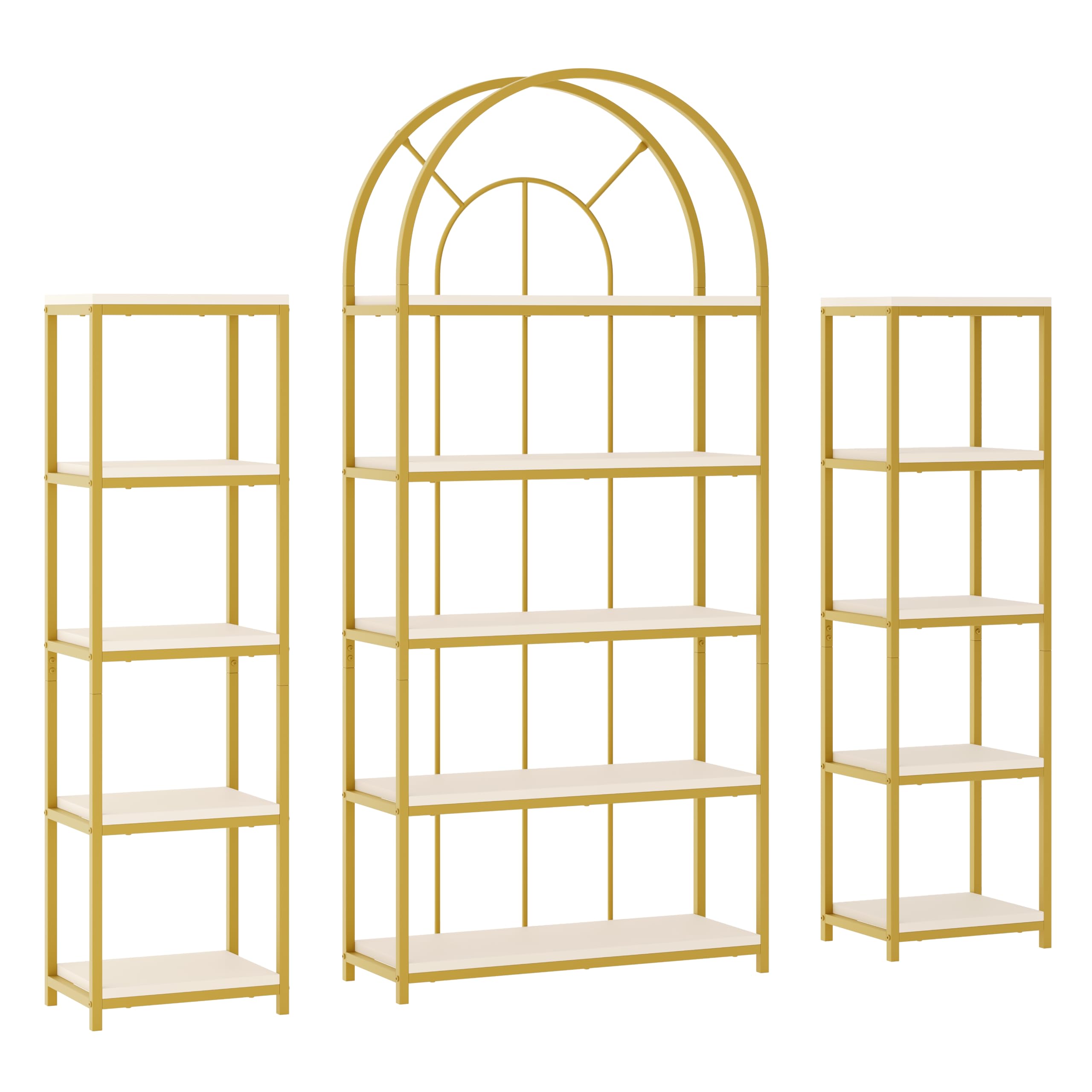 REXO Set di scaffali da 163 x 30 x 184 cm, 3 scaffali modulari con telaio in metallo dorato, pavimenti in MDF bianco e design ad arco. Come scaffale per display e vetrina per soggiorno, cucina e