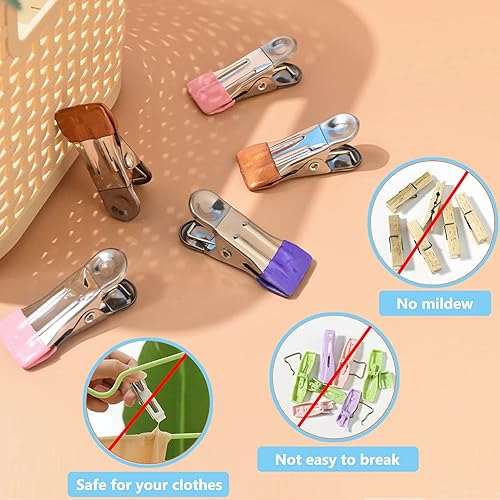 Miniatura 6 de Alfileres de acero inoxidable, paquete de 32 pinzas multicolores resistentes para lavandería, clips de metal multiusos para ropa, toallas,