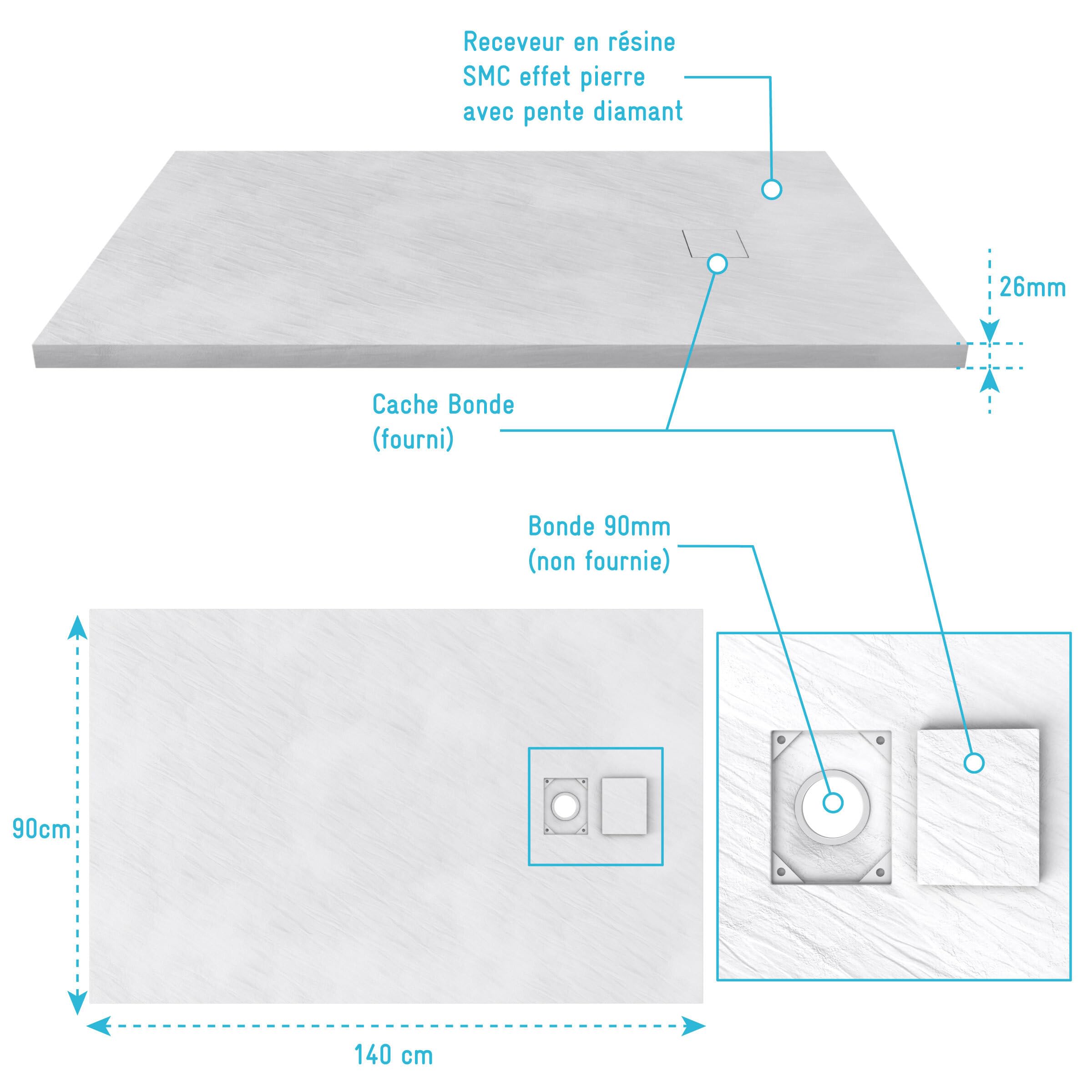 Receveur a poser en materiaux composite SMC - Finition ardoise blanc mat - 90x140 cm