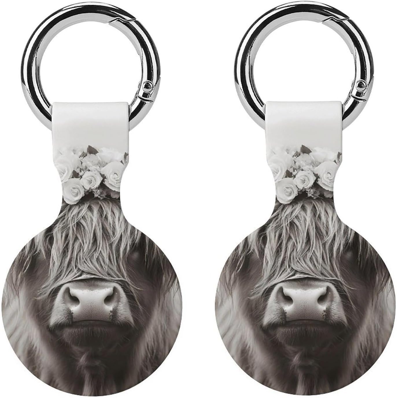 Highland Cow with Flowers Funny Cover Compatible with AirTag Case Protector GPS Tracker Holder with Keychain