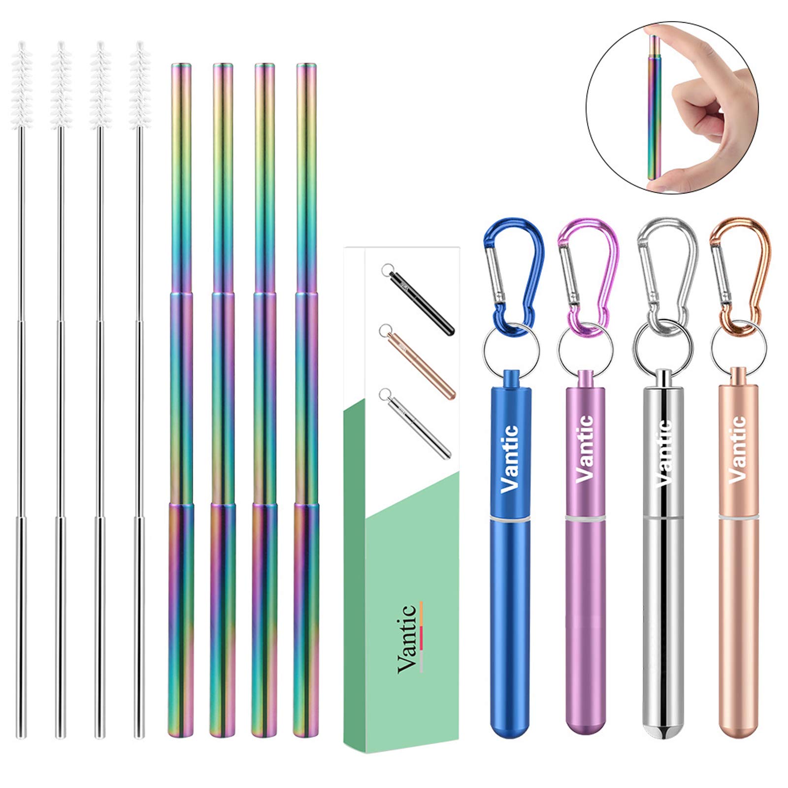 Vantic 4 Pack Reusable Straws, Rainbow Metal Straw Collapsible Stainless Steel Portable Drinking Straw for 12oz/20oz/30oz Cup with Cleaning Brush & Travel Case Blue/Purple/Silver/Rose Gold