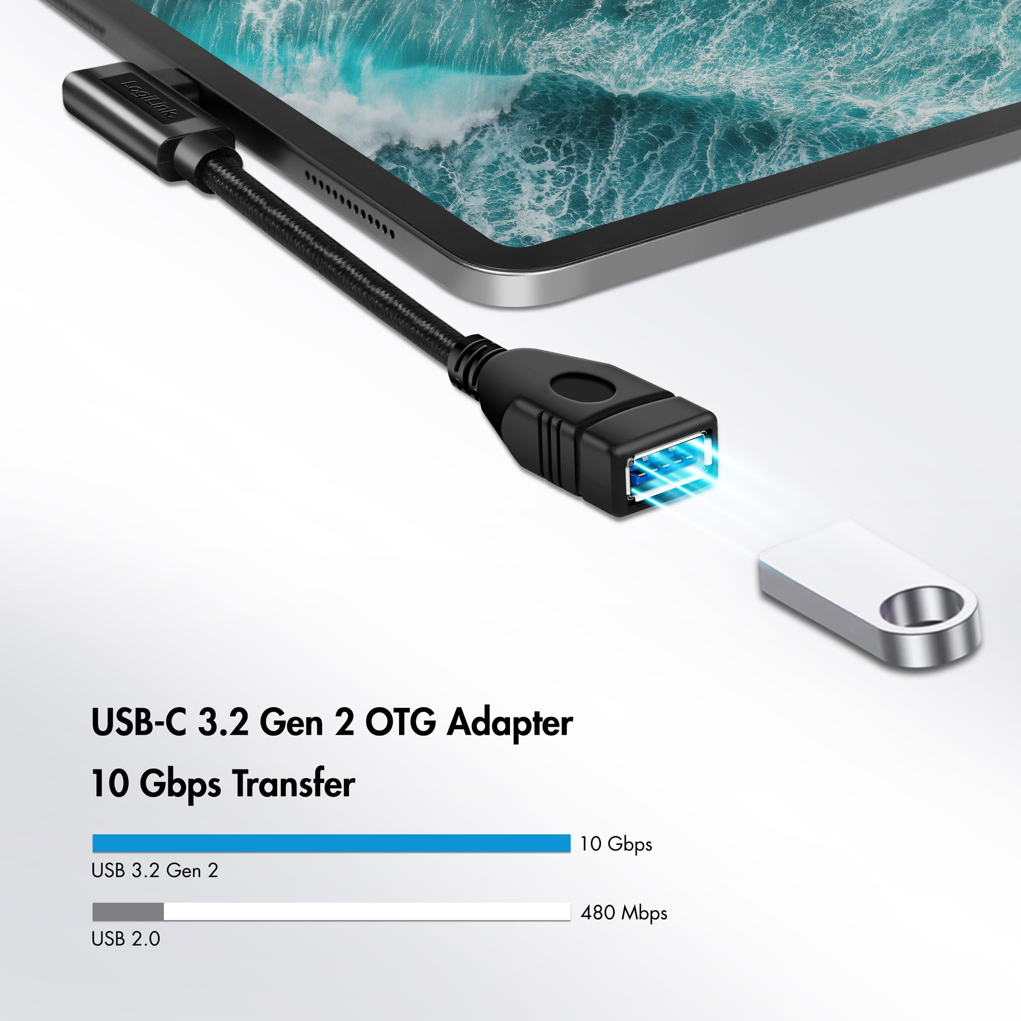 LogiLink CU0100 - USB 3.2 (Gen2) adapter kablowy 10 Gb, typ C (kąt 90°) na typ A z funkcją OTG (on-the-go), 20 cm