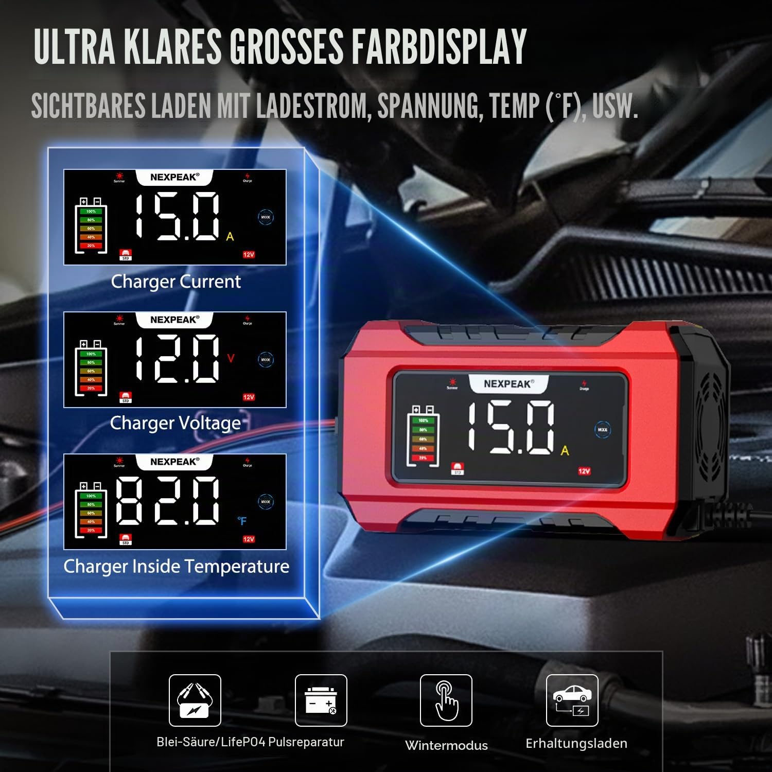 NEXPEAK NC215 15A Autobatterie Ladegerät, 12V 24V LiFePO4 Blei-Säure Tragbares Autobatterieladegerät 9-stufiges Intelligentes Batterieladegerät für Auto, LKW, Motorrad, Rasenmäher, Boot, Marine