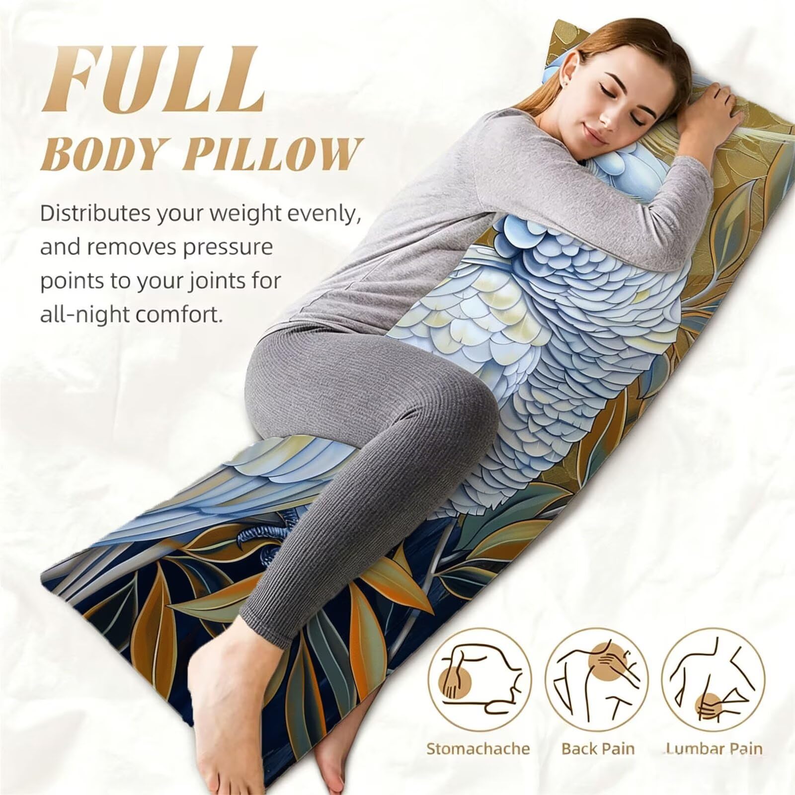 Funda de Almohada 60 x 180 cm Loro Protector Almohada 180 cm con Cremallera Invisible, Lino Durable y Transpirable Pillow Case Largas Blanco Impresión a Doble Cara para Cama, Sofá y Dormitorio dg-527