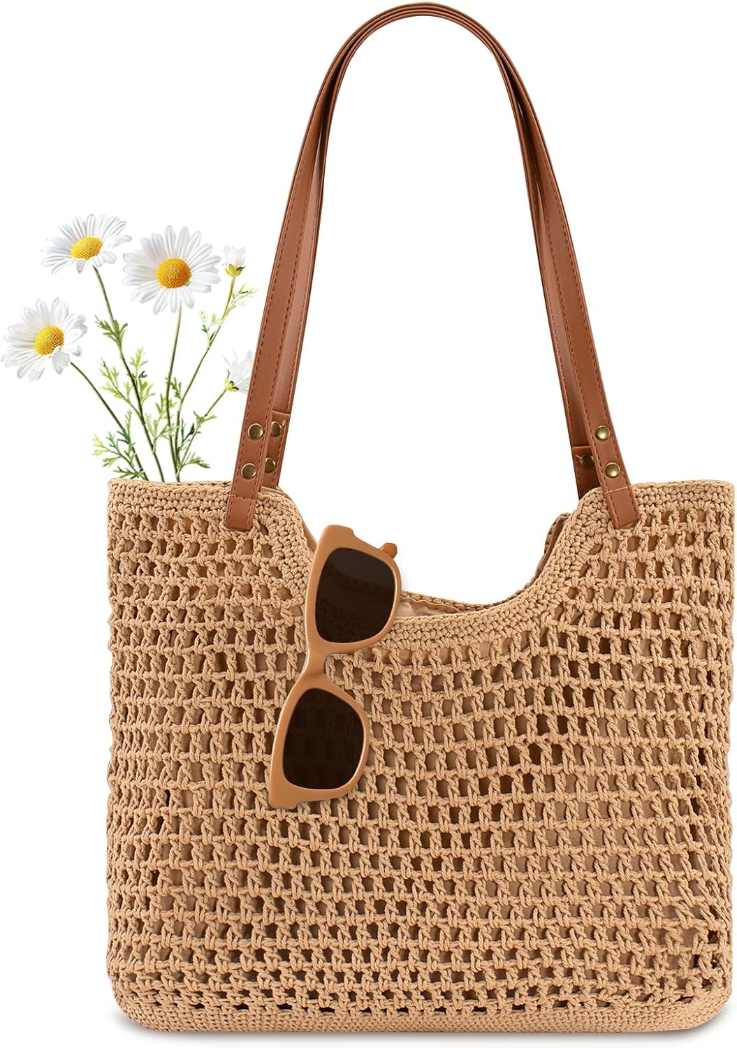 Peicees Crochet Beach Bag Purse, Boho Woven Tote with Leak-Proof Lining For Summer Vacation Travel Casual Shoulder Bag Soft