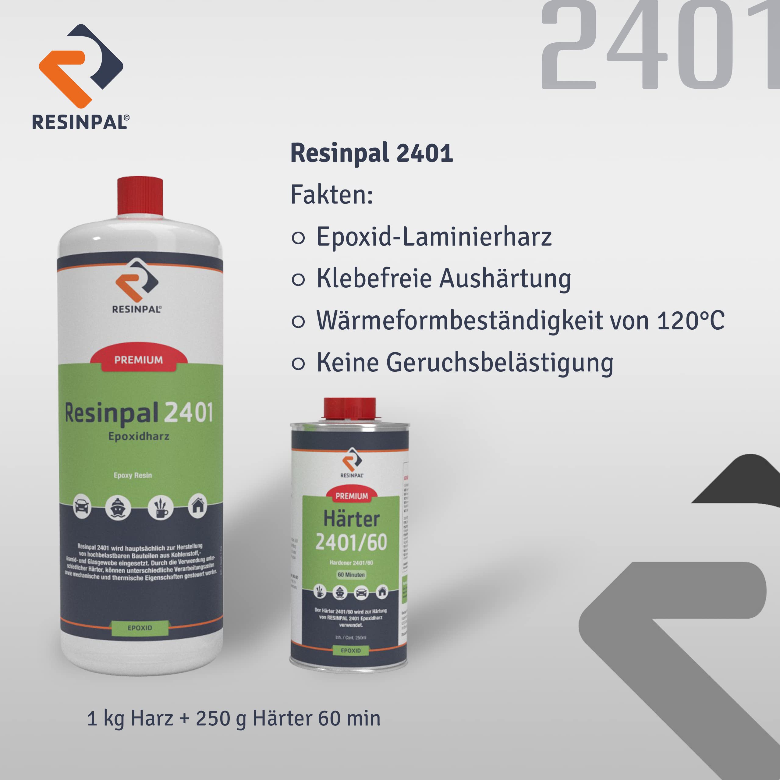 Epoxidharz Resinpal 2401 mit Härter | 1,25 kg Epoxy Set | Hochtemperaturbeständig & mechanisch hoch belastbar | Zum Laminieren | Kunstharz Made in Germany | Komplett für Anfänger & Profis |