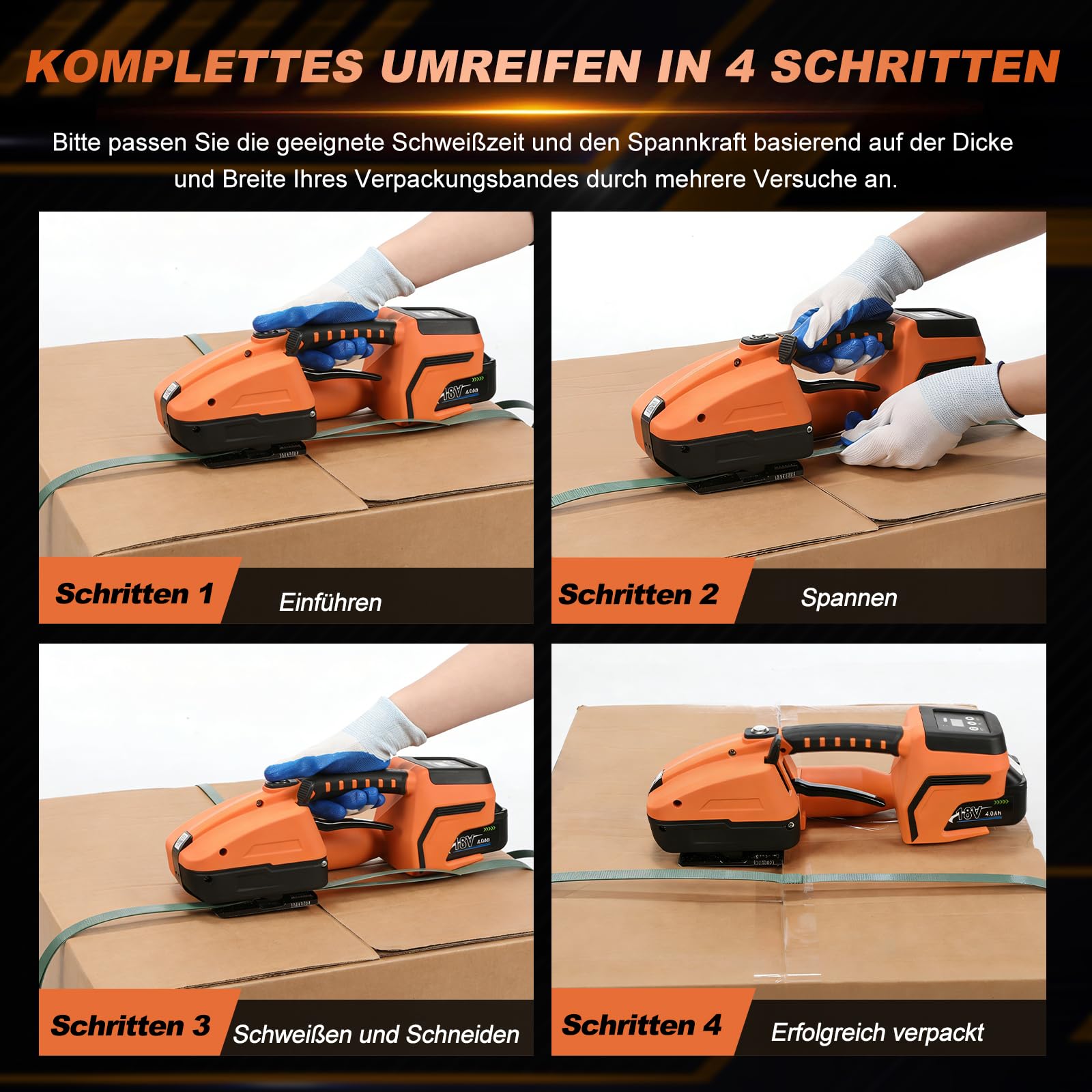 Umreifungsgerät Akku für 13-16 mm PP-/PET-Band mit Digitaldisplay, 2 x 4000 mAh Akku, 900-3500N Elektrische Umreifungsmaschine Mit Kunststoffkasten Umreifungsgerät Elektrisch für Paletten