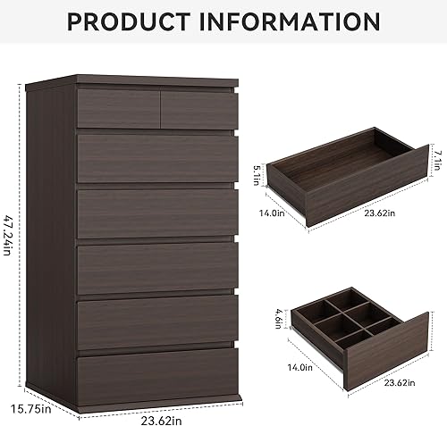 Miniatura 2 de Cómoda Alta Marrón de 7 Cajones para Dormitorio, Cómodas de Armario y Cajoneras de Madera Moderna con Almacenamiento de Joyas, 23.6" L*15.8" W*47.5"