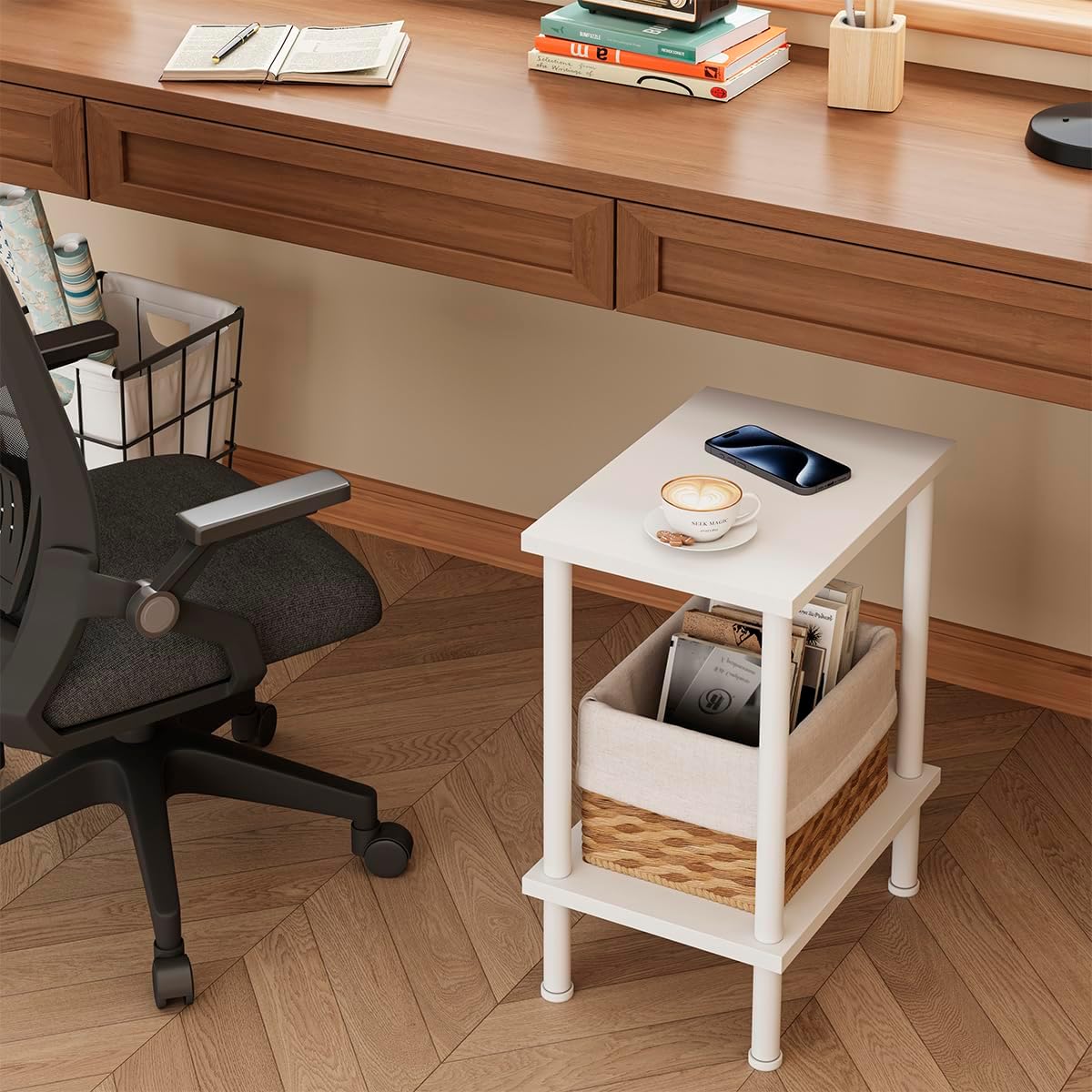 VIMBER End Table, Set of 2 Side Table with Metal Legs, Small Nightstands with 2-Tier Storage Shelves, Tiny Sofa Table for Small Space, Coach Table for Living Room Bedroom, White UTBT104W2