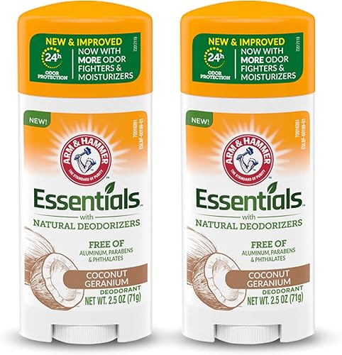 ARM & HAMMER Essentials Deodorant - Made with Natural Deodorizers - Coconut Geranium - Free From Aluminum, Parabens & Phthalates, 2.5 oz (Pack of 2)