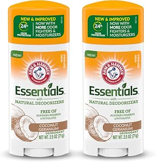 ARM & HAMMER Essentials Deodorant - Made with Natural Deodorizers - Coconut Geranium - Free From Aluminum, Parabens & Phthalates, 2.5 oz (Pack of 2)