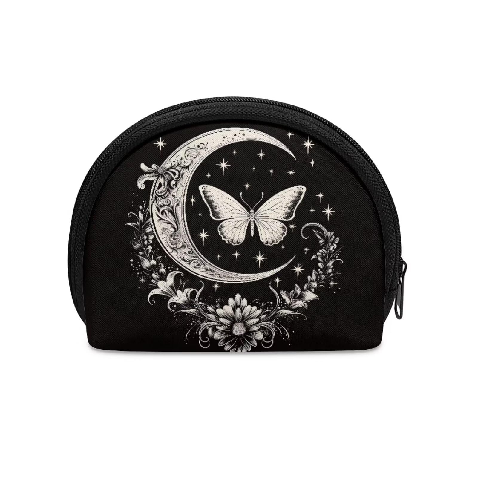 Moon And Star Coin Purse Butterfly Coin Pouch Aesthetic Change Purse Soft Fabric Wallets for Women Lightweight And Easy To Carry Small Coin Wallet with Zipper Black Mini Clutch Bag