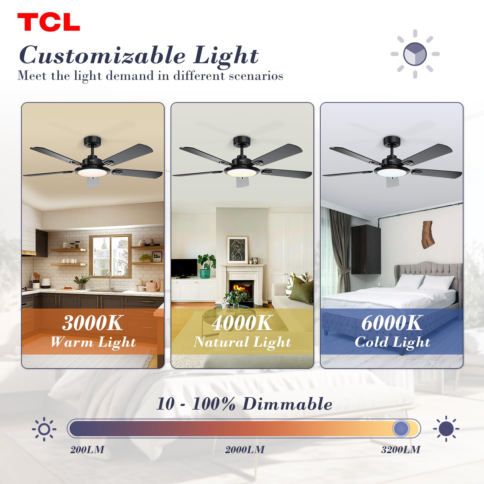 TCL Ceiling Fans with Lights 52 Inch Ceiling Fan with Light and Remote Control Reversible DC Motor Noiseless — view 6