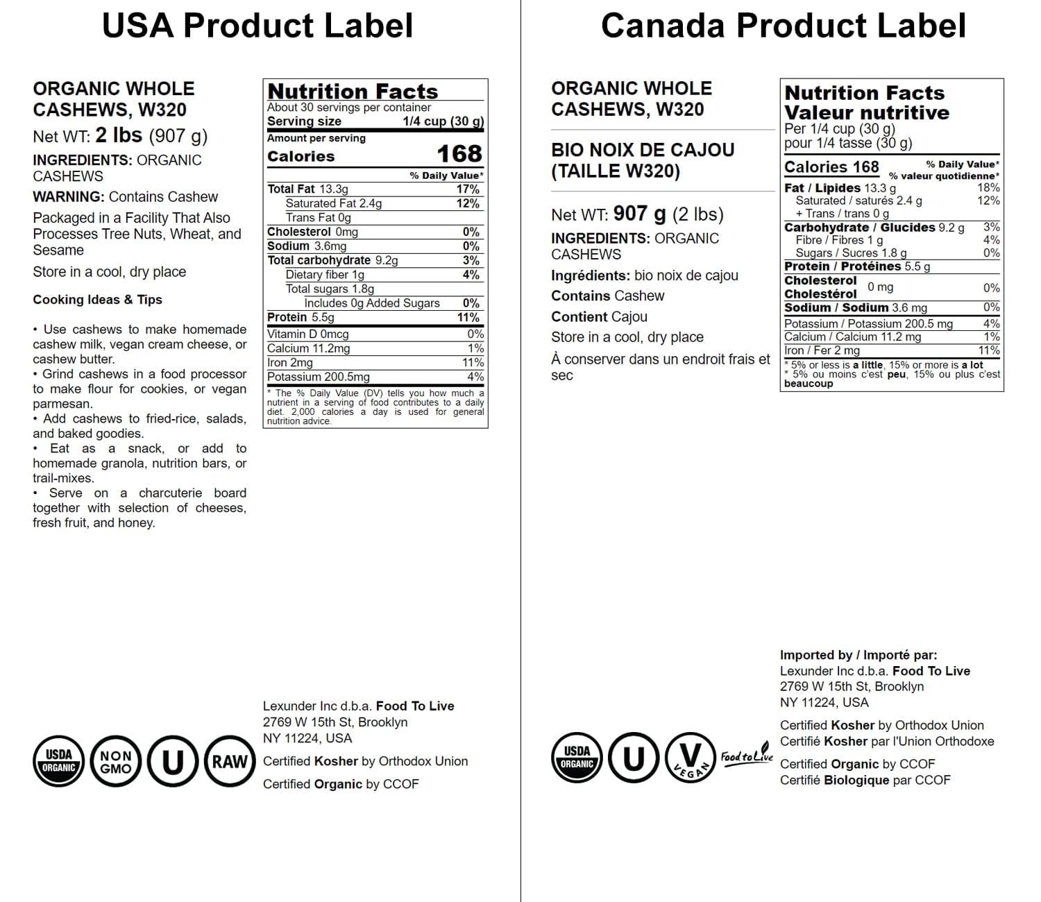 Food to Live - Organic Cashews, 2 Pounds Whole, Unsalted, Non-GMO, Kosher, Raw, Vegan, Bulk