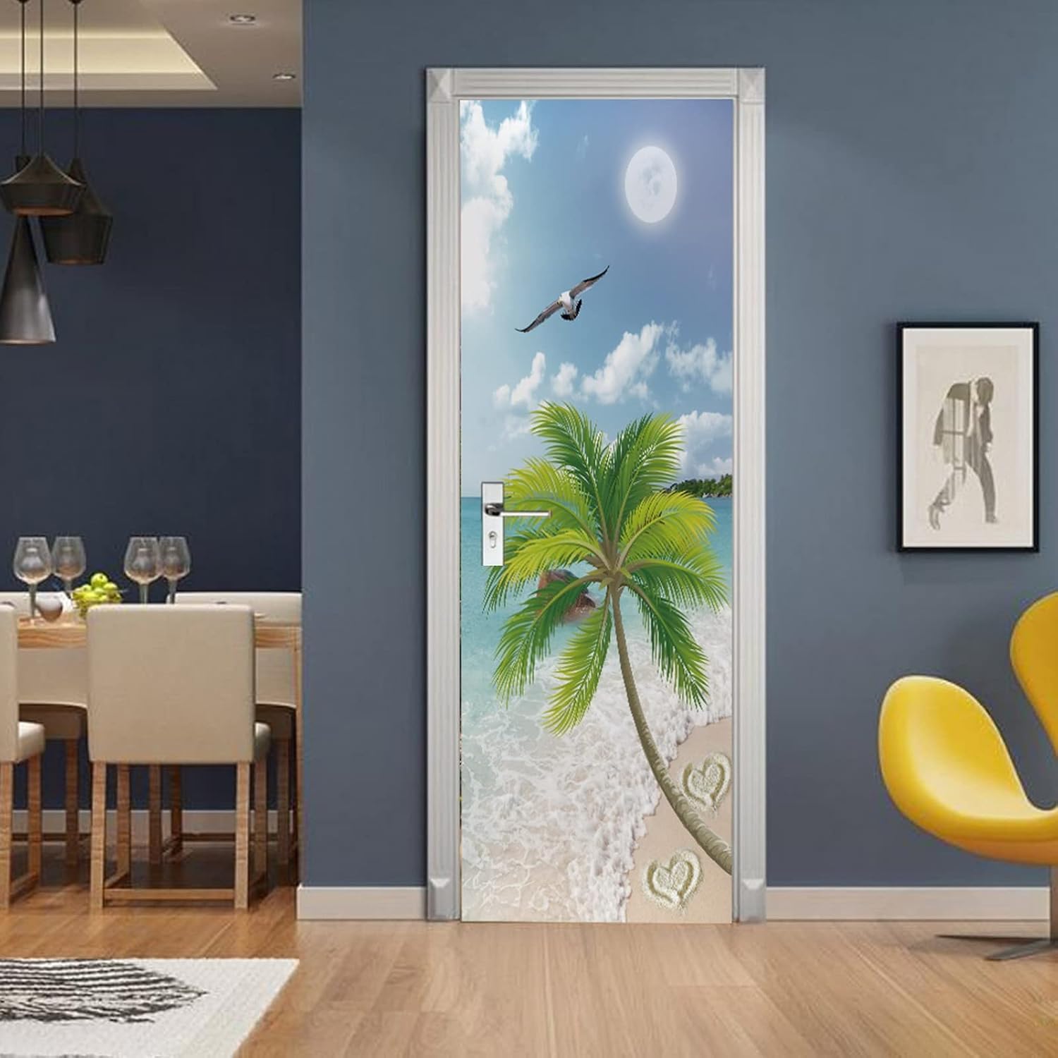 A.Monamour 3D Door Stickers for Interior Doors Summer Tropical Sandy Beach With Palm Tree And Seagull Birds Vinyl Removable Self Adhesive Door Poster Wallpaper Mural Decals for Bedroom Office Bathroom