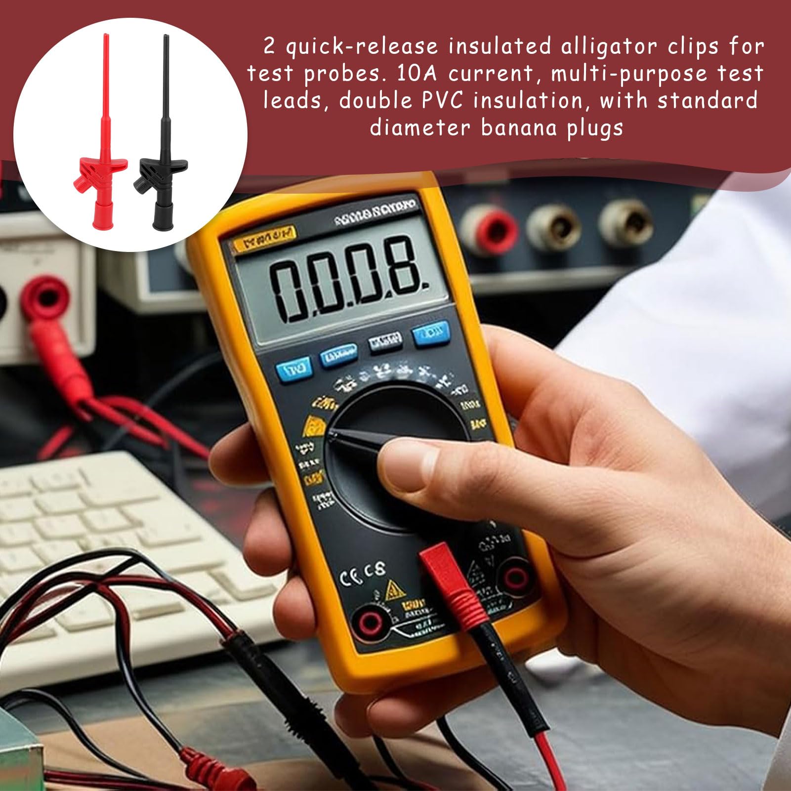 Produktbild von 2 Stück Isolierte Abgreifklemme CAT III 1000V/10A – Multimeter Prüfspitzen Mit 4mm Bananenbuchse